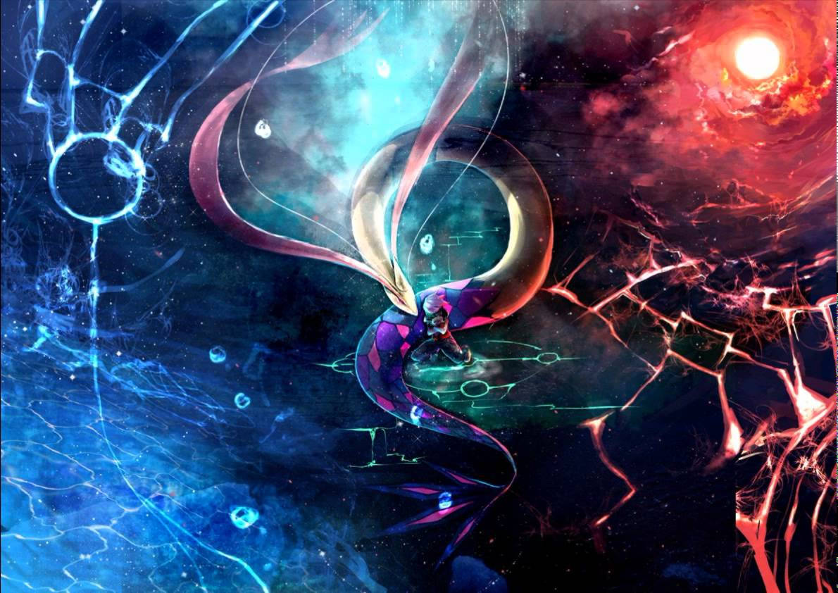 寶可夢 桌布 壁紙 — 一個帶有發光翅膀和飄逸頭髮的宇宙動漫人物，在旋轉的藍色和紅色星雲中漂浮，伴隨著一顆光芒四射的太陽。