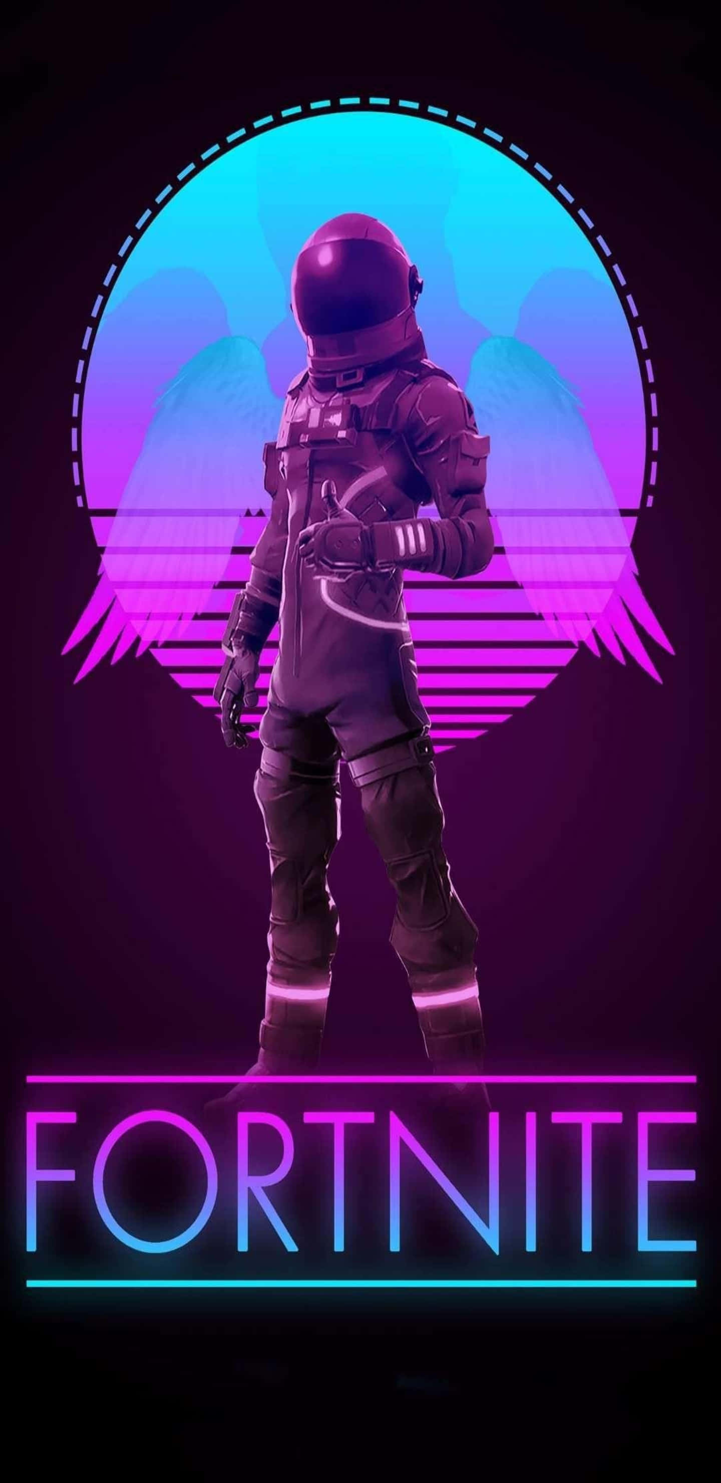 Fortnite 桌布 壁紙 — 一個帶有發光翅膀的 Fortnite 太空人站在深紫色背景前的霓虹光環前。