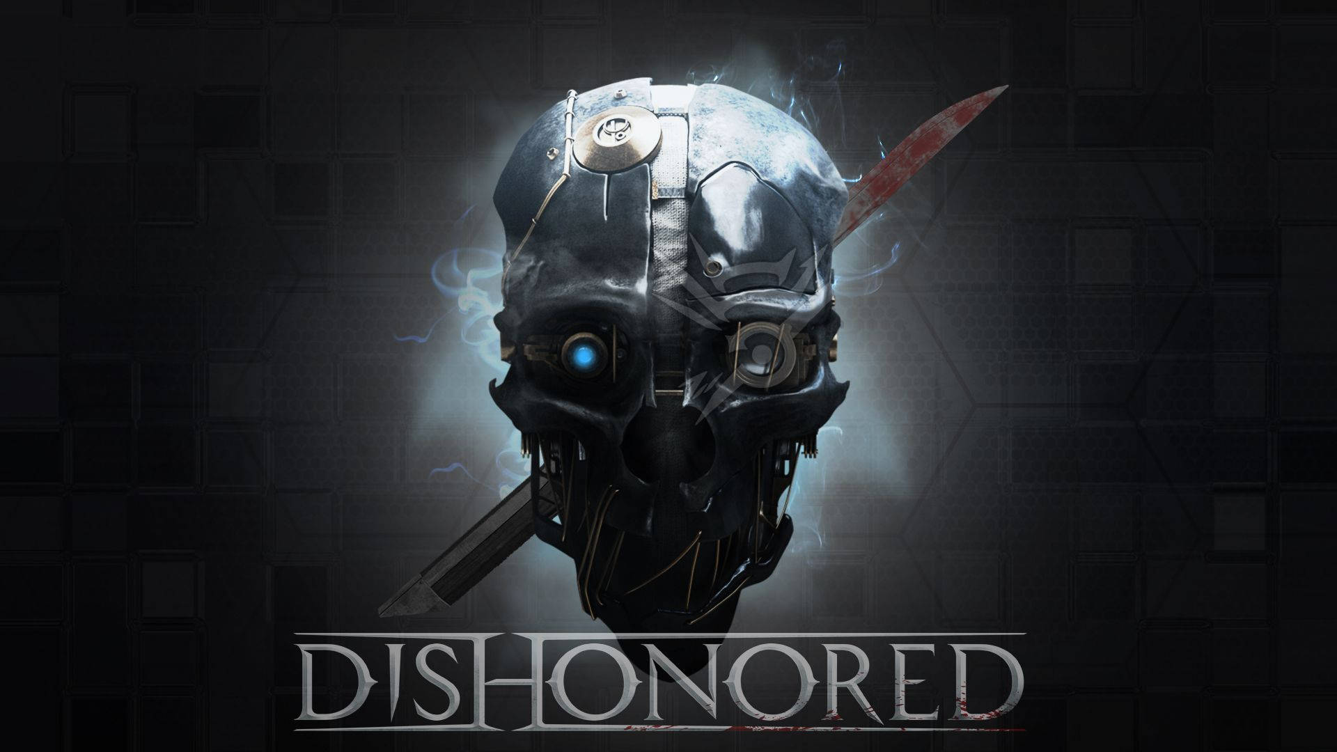Dishonored 桌布 壁紙 — 一個帶有發光藍眼和血淋淋刀刃的威脅性賽博龐克頭骨，背景是深色瓷磚牆。