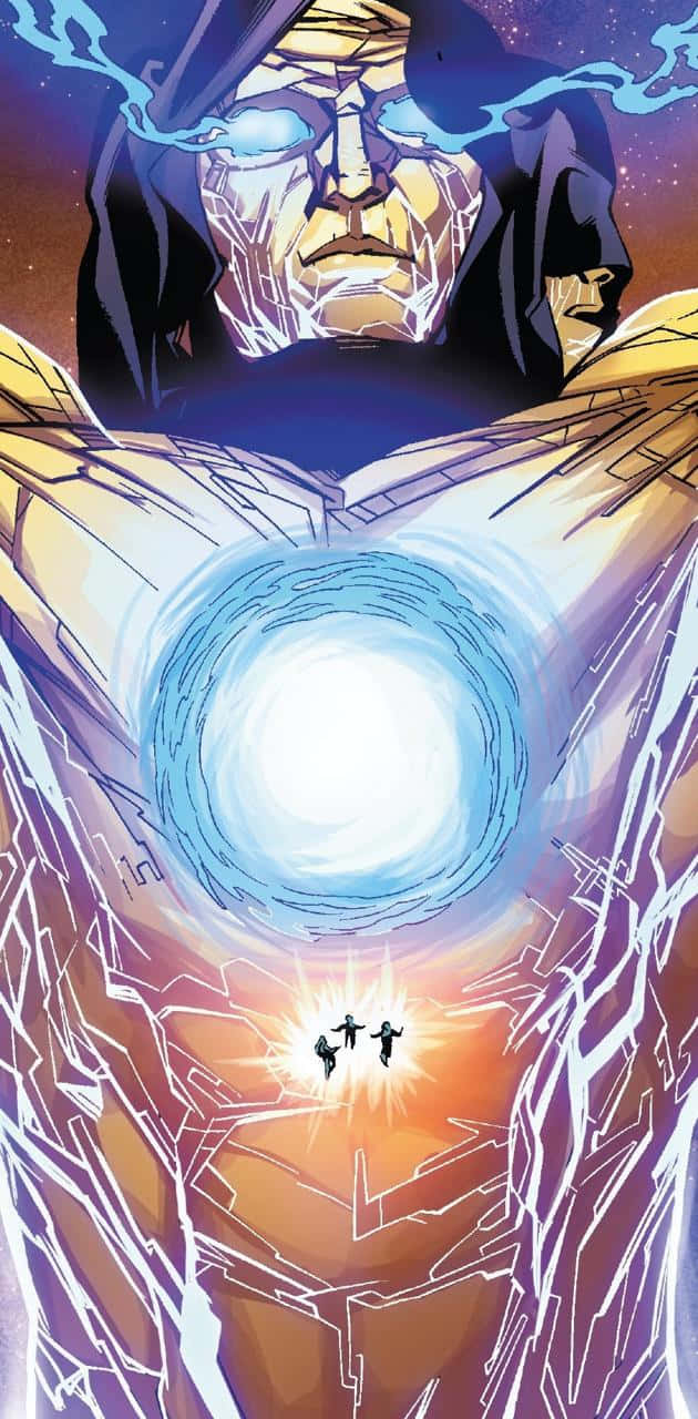 Living Tribunal 桌布 壁紙 — 一個帶有發光藍眼睛和劈啪作響能量的宇宙實體，懸浮在站在光芒四射的傳送門前的小人物上方。