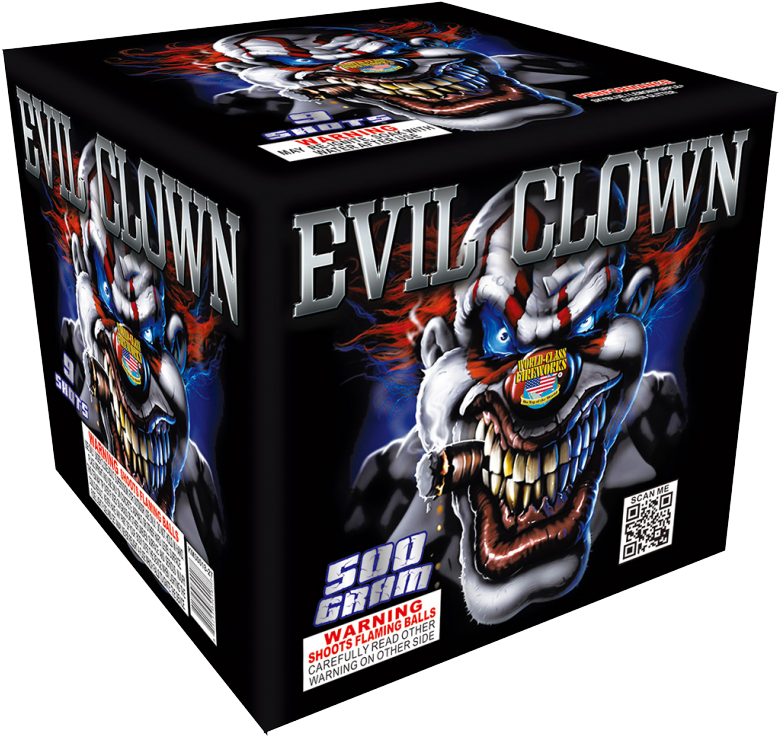 evil 桌布 壁紙 — 一個帶有發光藍眼睛和尖牙的邪惡小丑煙火盒，背景陰暗。