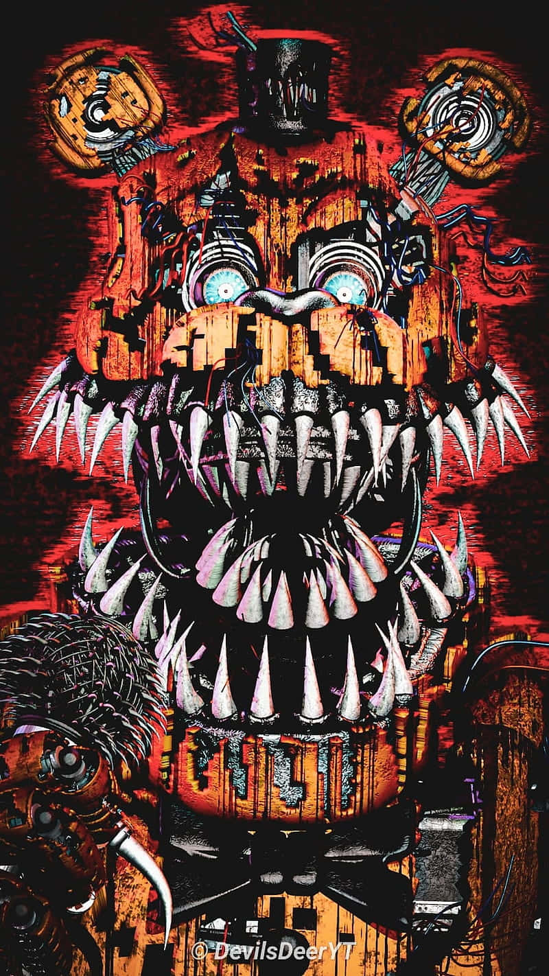 Five Nights At Freddys 4 桌布 壁紙 — 一個帶有發光藍眼睛和尖銳牙齒的威脅性電子動畫，在火紅背景上赫然聳立。
