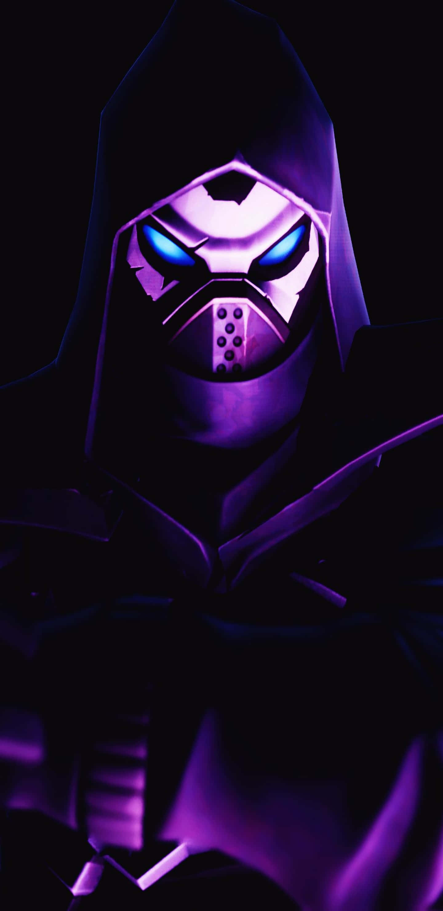 Fortnite 桌布 壁紙 — 一個帶有發光藍眼睛和紫色燈光的威脅性兜帽人物，在黑暗環境中。
