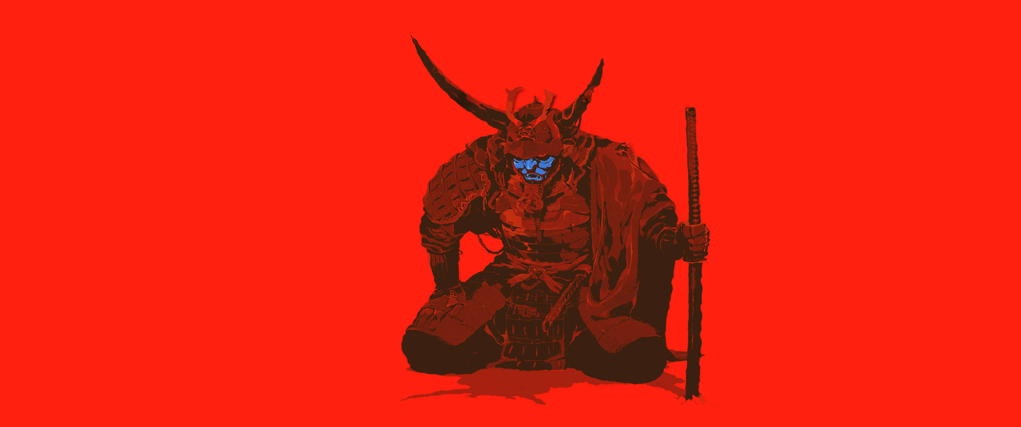 Ox 桌布 壁紙 — 一個帶有發光藍眼睛和角盔的威脅性武士，跪在鮮紅色背景前，手持劍。