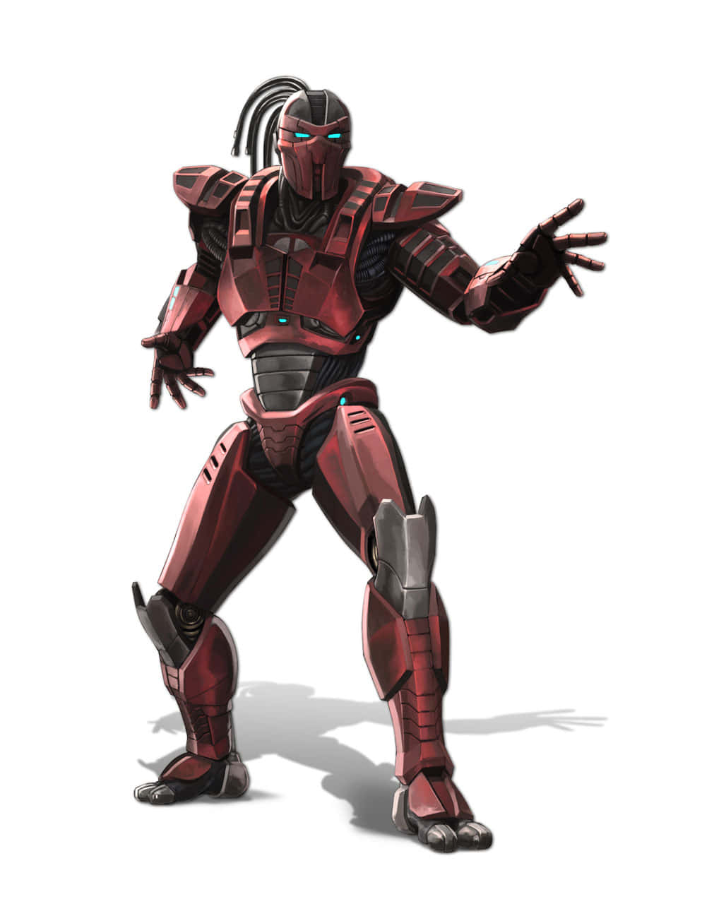 Mortal Kombat Triborg 桌布 壁紙 — 一個帶有發光藍眼睛和辮子頭的威脅性紅色裝甲戰士，以戰鬥姿勢站在白色背景前。