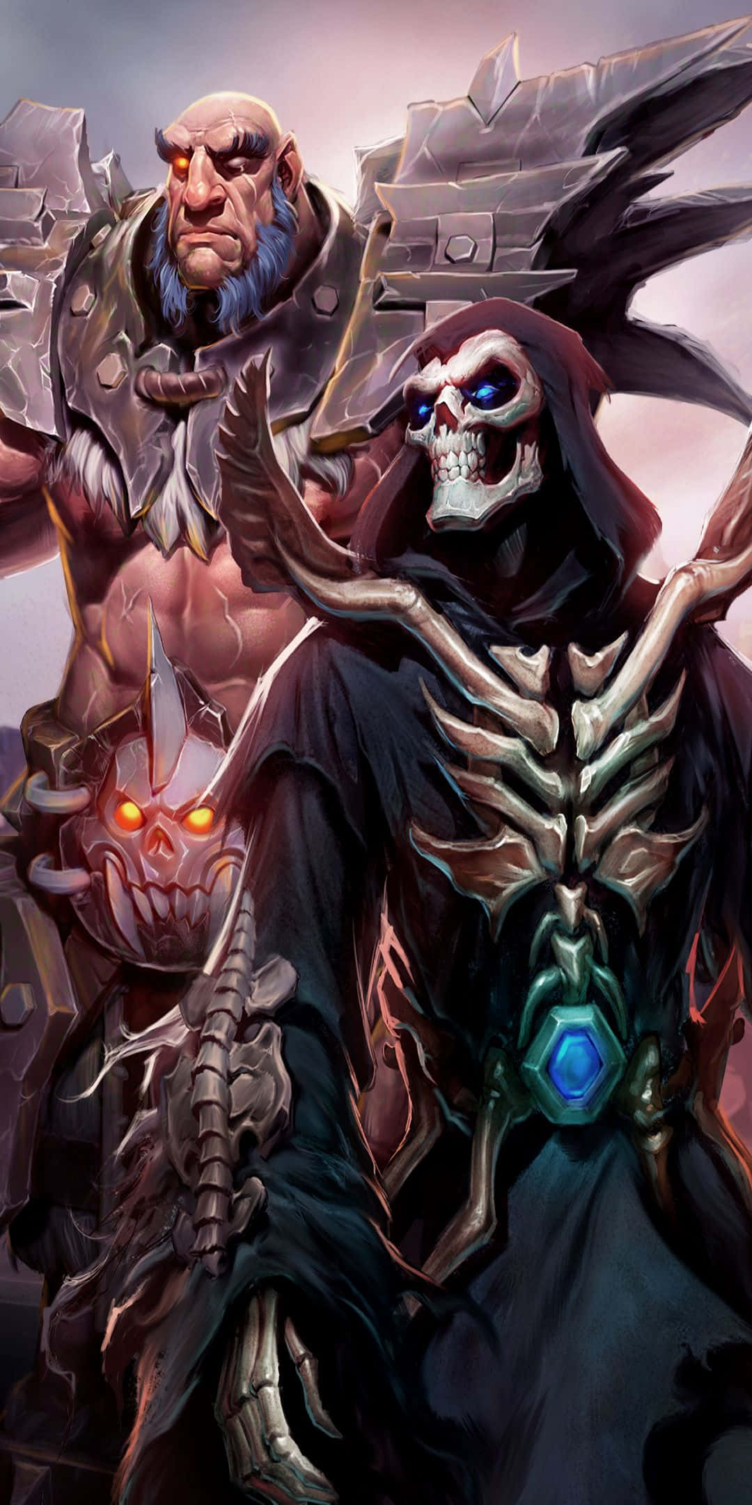 Pixel 3 Runescape 桌布 壁紙 — 一個帶有發光藍眼睛和連帽斗篷的威脅性骷髏人物站在一個肌肉發達的野蠻人身邊，後者擁有發光的橙色眼睛和帶刺的頭盔。