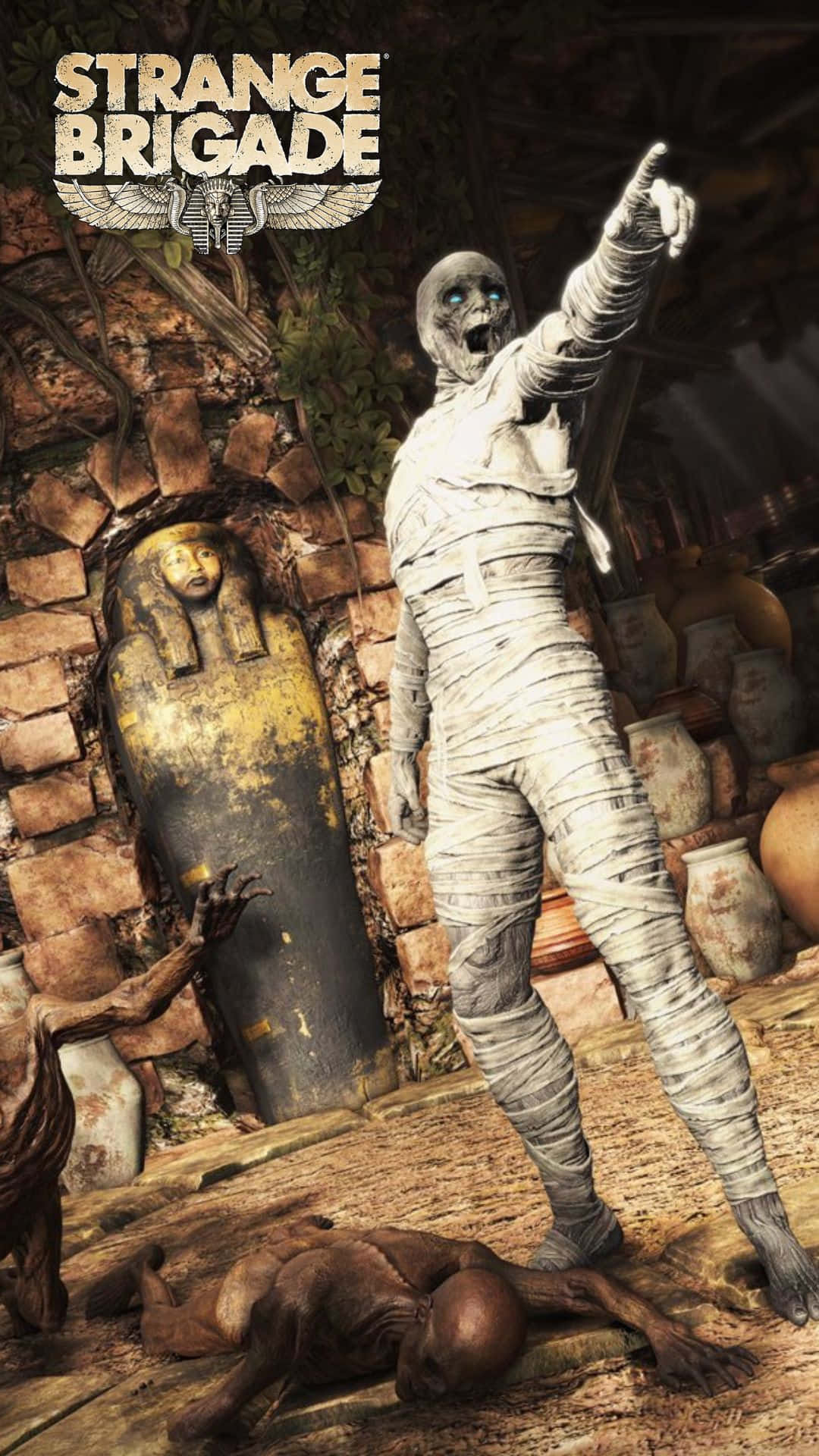 Android Strange Brigade 桌布 壁紙 — 一個帶有發光藍眼睛的可怕木乃伊在充滿石棺和陶器的古埃及墓室中向上指。