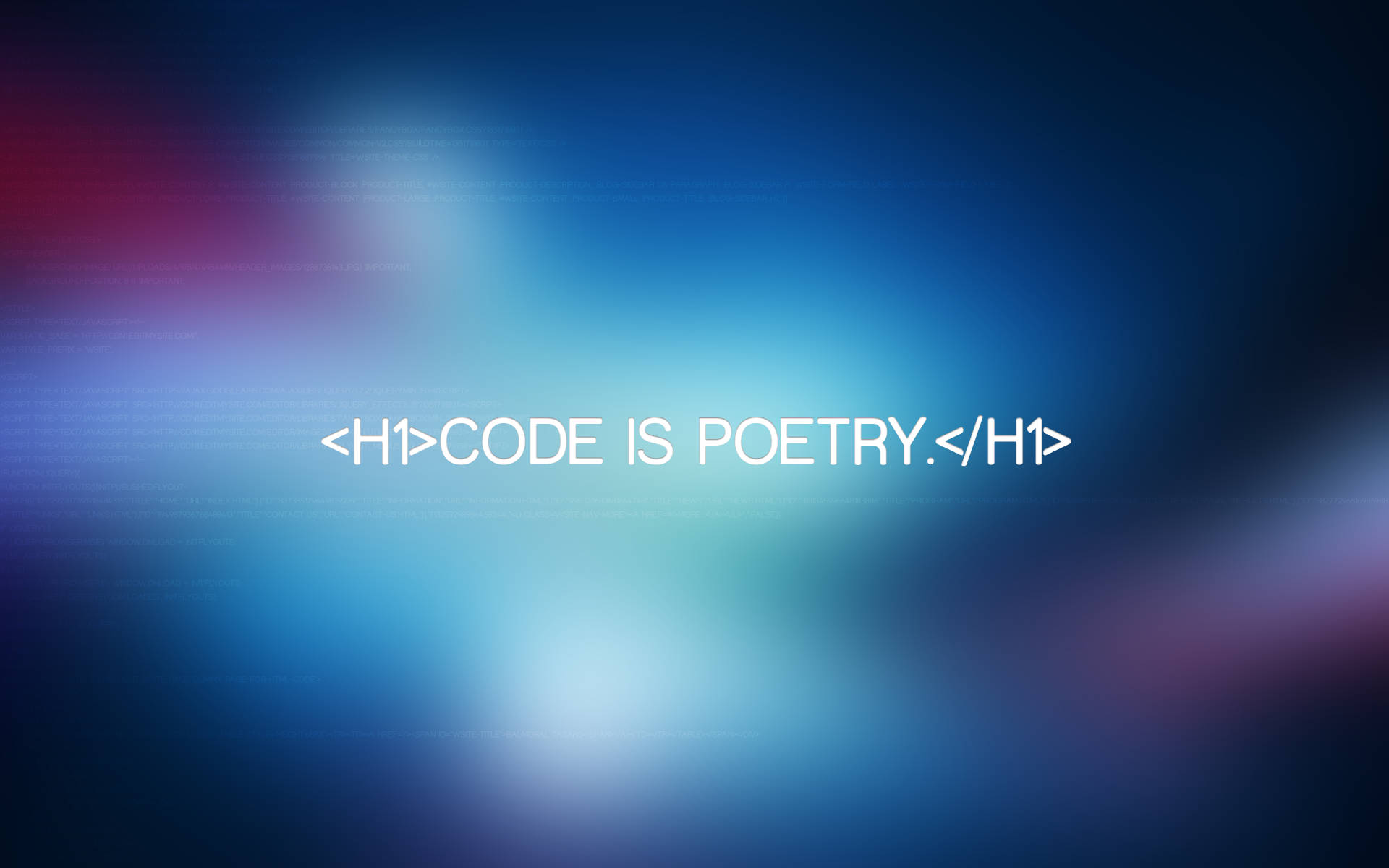 Coder 桌布 壁紙 — 一個帶有發光藍色和紫色色調的數位抽象背景，以白色HTML標籤顯示文字「CODE IS POETRY」。