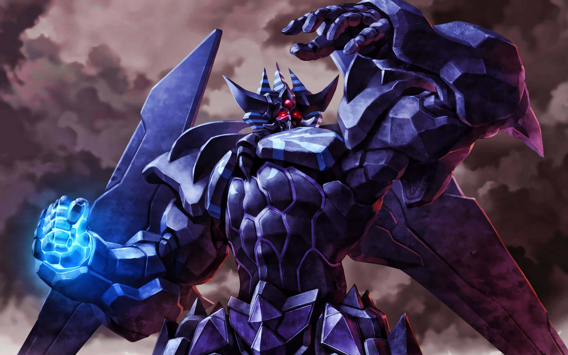 Obelisk The Tormentor 桌布 壁紙 — 一個帶有發光藍色拳頭的威脅性深紫色裝甲機器人，站在暴風雨的天空下。