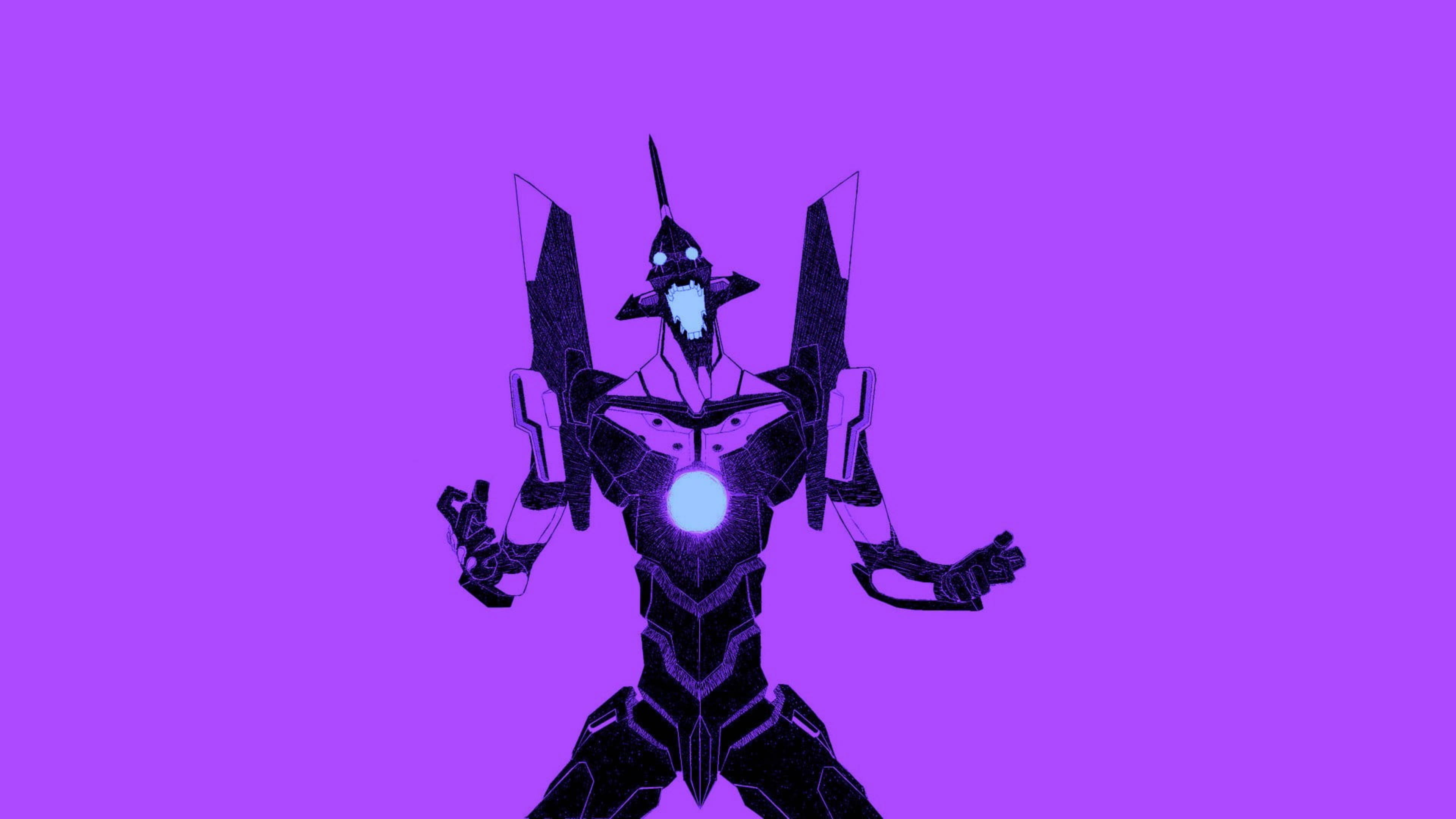 evangelion 4K 桌布 壁紙 — 一個帶有發光藍色核心和尖銳角的威脅性黑色生化機械怪物，站在純紫色背景前。