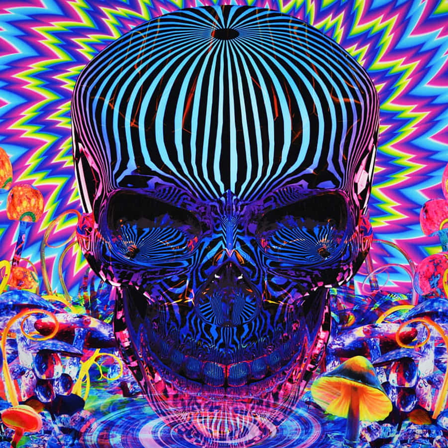 Trippy Mushrooms 桌布 壁紙 — 一個帶有發光藍色條紋的迷幻骷髏頭，周圍環繞著充滿活力的霓虹蘑菇和漩渦圖案。