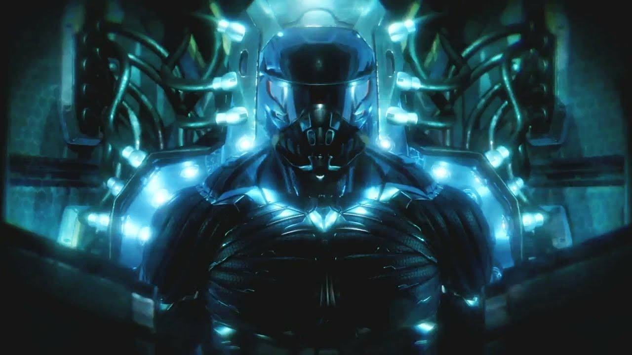 Crysis 3 桌布 壁紙 — 一個帶有發光藍色燈光的未來主義裝甲人物站在一個黑暗的機械房間中。
