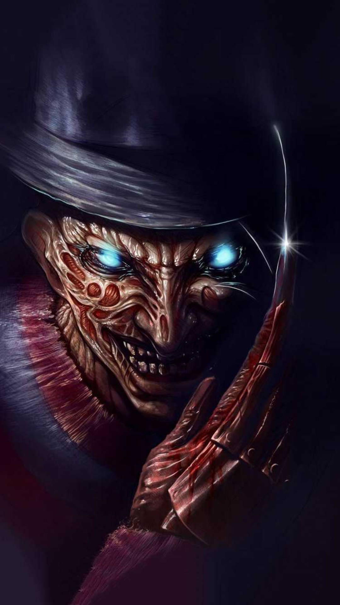 Freddy 桌布 壁紙 — 一個帶有發光藍色眼睛和刀片手的威脅性佛萊迪·克魯格潛伏在陰影黑暗中。