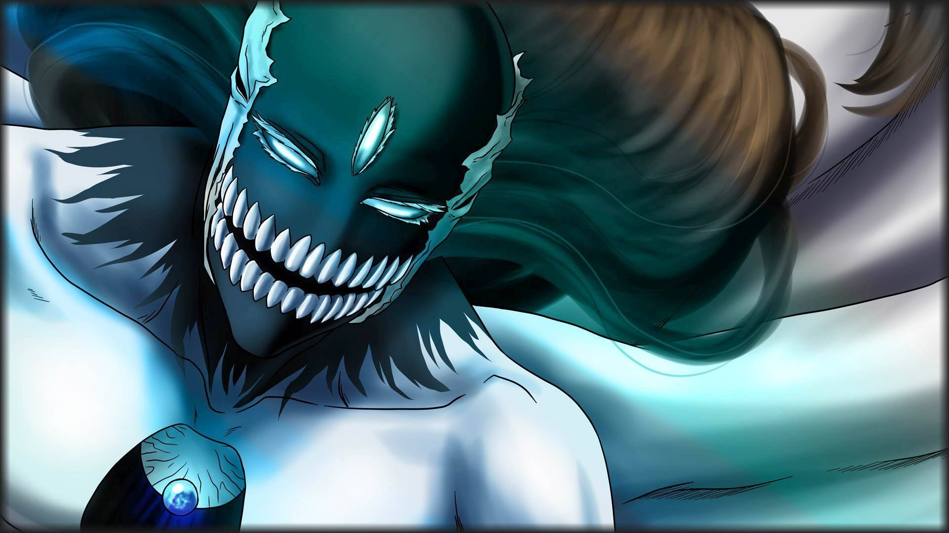 Aizen 桌布 壁紙 — 一個帶有發光藍色眼睛和尖銳牙齒的威脅性動漫角色，在旋轉的青綠色和白色背景前向前猛衝。