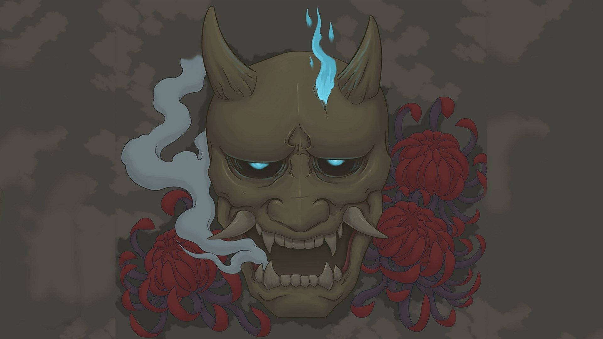 Oni 桌布 壁紙 — 一個帶有發光藍色眼睛和從口中吐出煙霧的威嚇鬼面具，周圍環繞著紅色菊花。