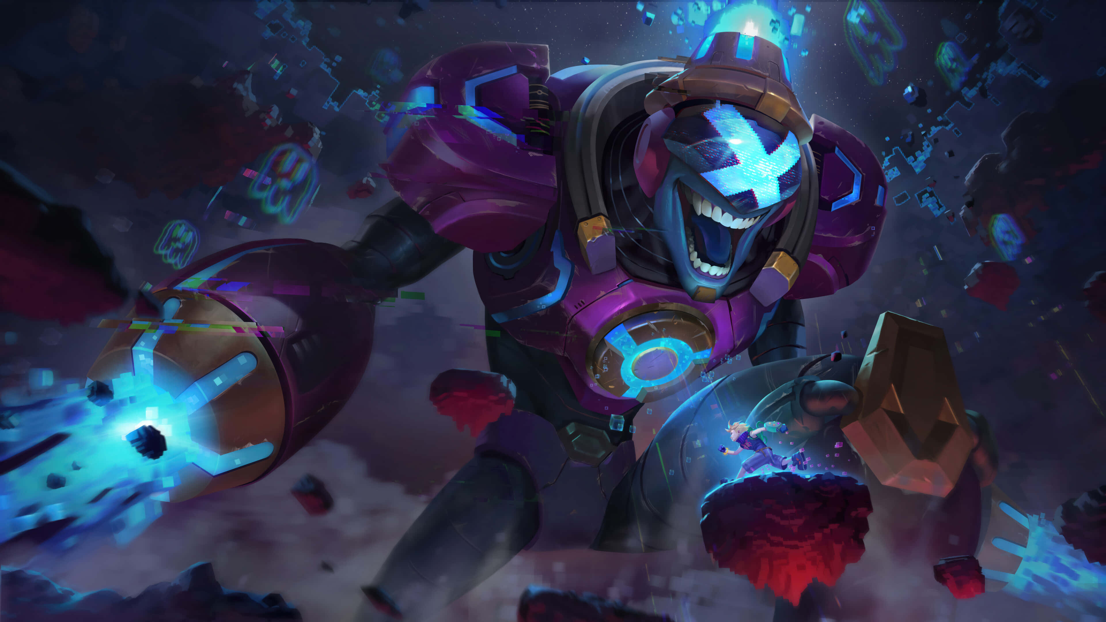 League Of Legends Champions 桌布 壁紙 — 一個帶有發光藍色眼睛和拳頭的威脅性紫色裝甲戰士在黑暗的太空戰場上粉碎宇宙碎片。