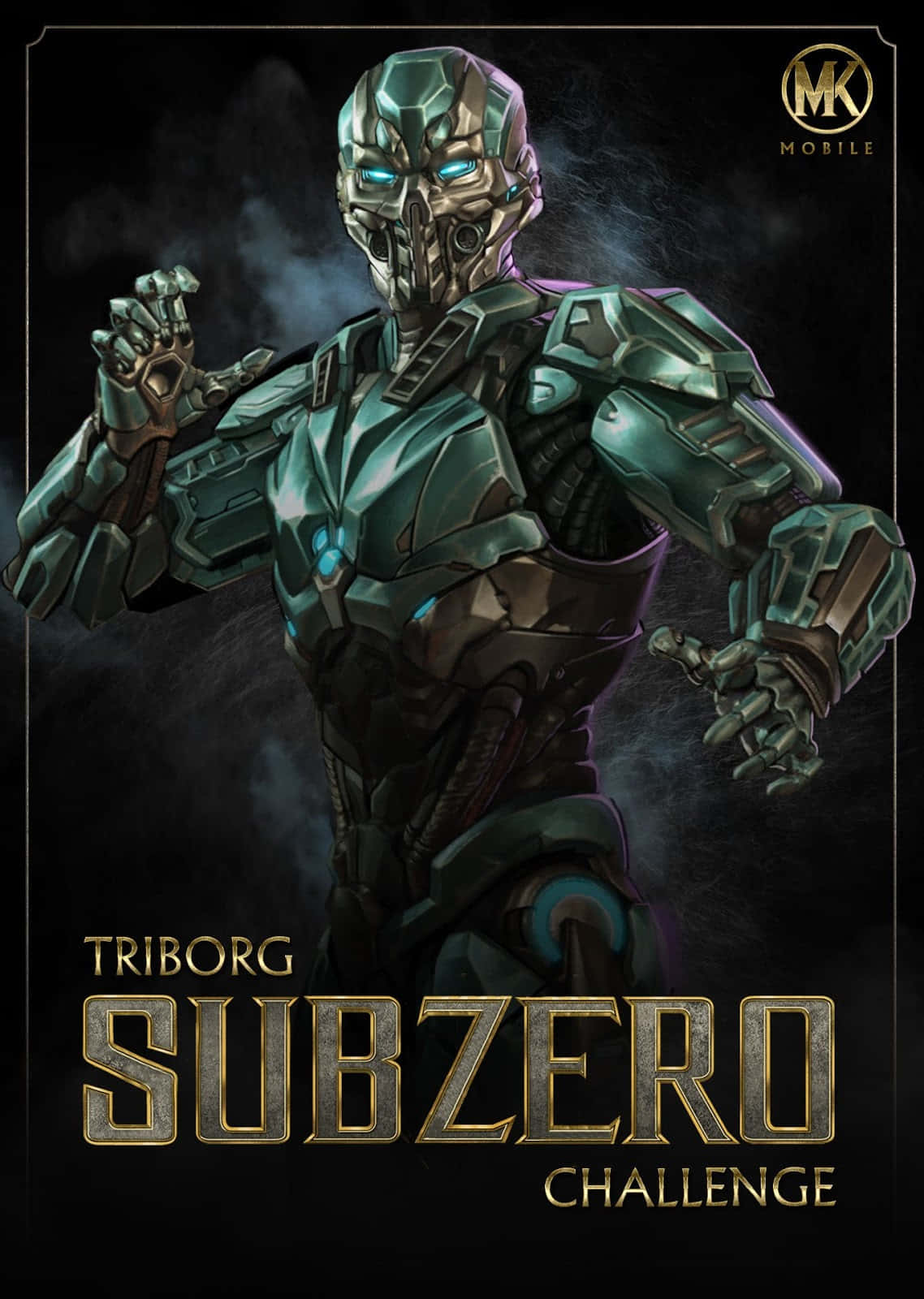Mortal Kombat Triborg 桌布 壁紙 — 一個帶有發光藍色眼睛和機械手的威脅性裝甲戰士，站在煙霧瀰漫的黑暗中，準備戰鬥。