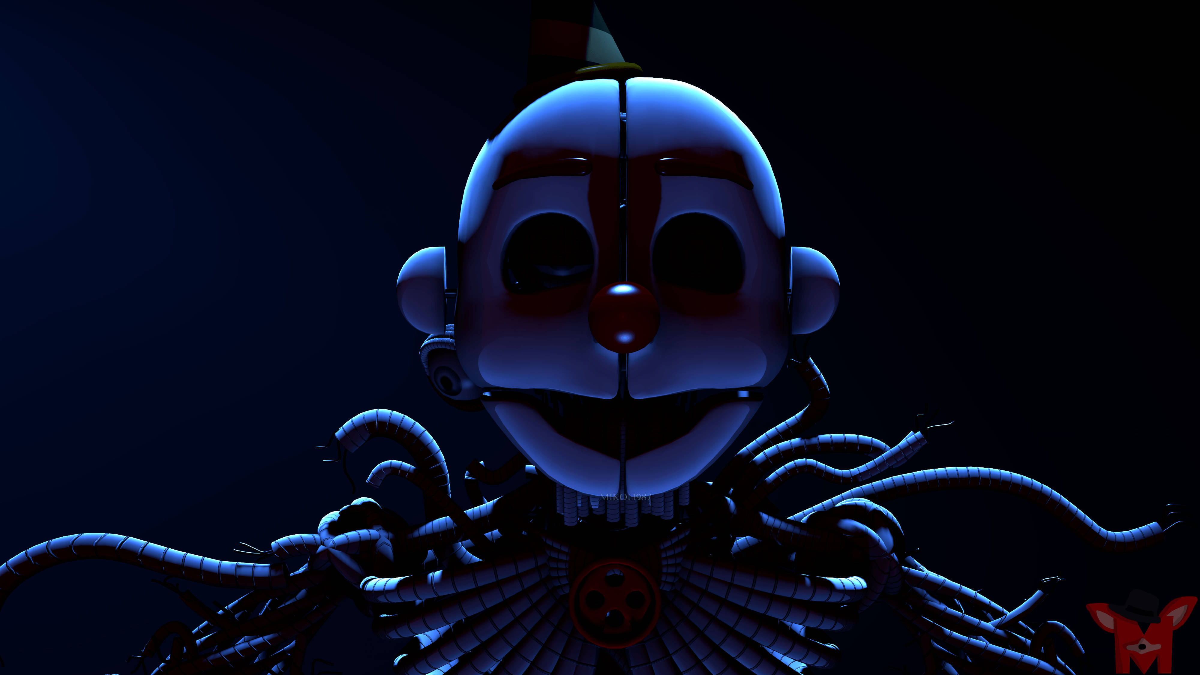 Ennard 桌布 壁紙 — 一個帶有發光藍色眼睛和機械觸手的威脅性電子小丑從黑暗中出現。
