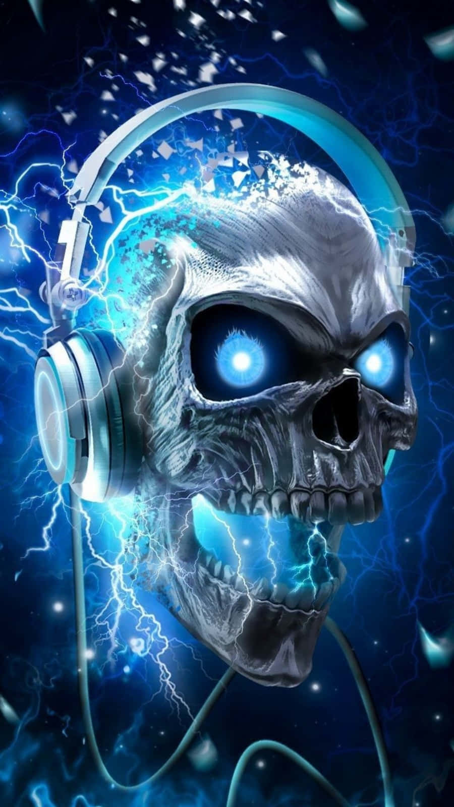 Cool Skull 桌布 壁紙 — 一個帶有發光藍色眼睛和耳機的賽博龐克頭骨，在黑暗的宇宙背景下噼啪作響著電能。