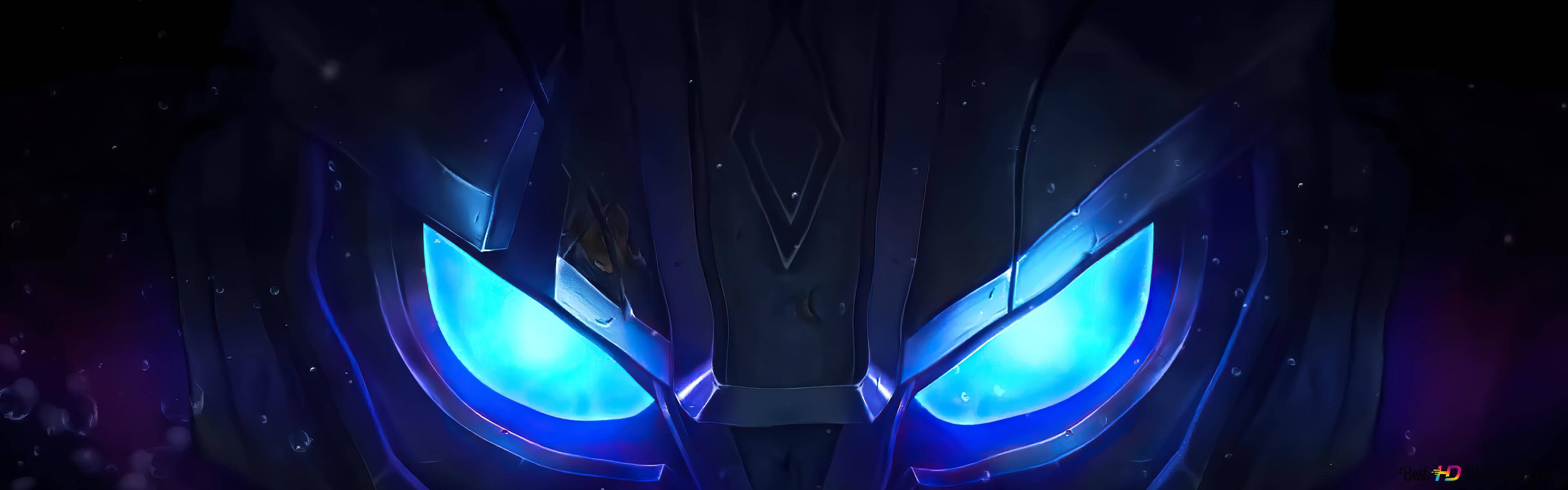 3840x2160 alienware 桌布 壁紙 — 一個帶有發光藍色眼睛的威脅性深色頭盔，在宇宙星空背景下強烈凝視。