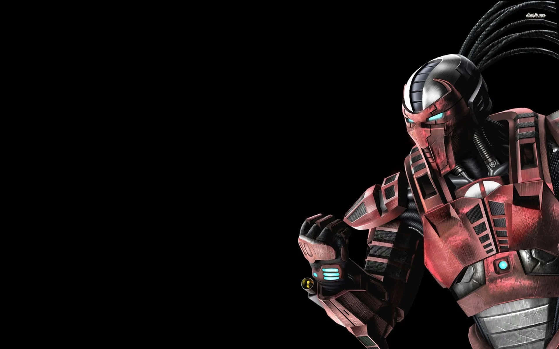 Mortal Kombat Sektor 桌布 壁紙 — 一個帶有發光藍色眼睛的威脅性紅黑裝甲戰士，站在純黑色背景前。