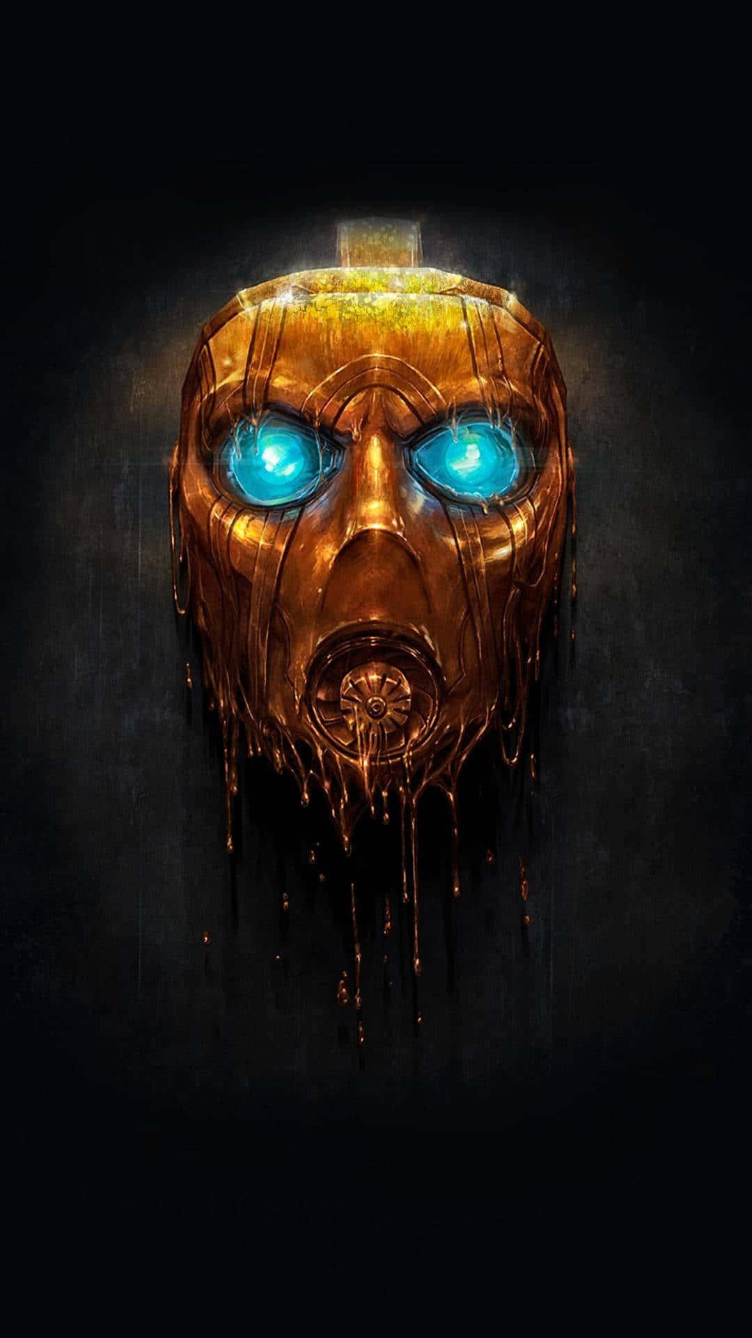 Borderlands 桌布 壁紙 — 一個帶有發光藍色眼睛的威脅性金色機械面孔在黑暗背景下滴落熔化的金屬。