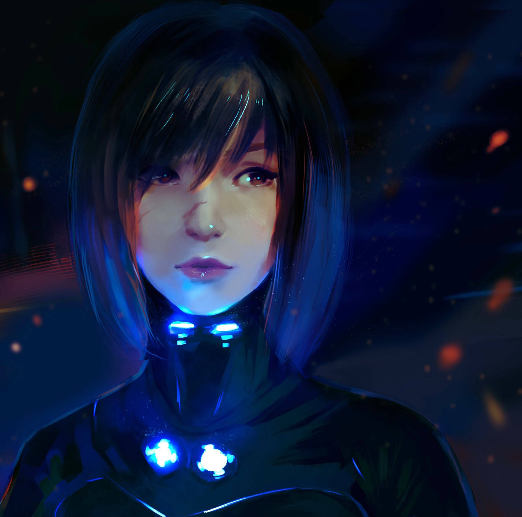 Gantz 桌布 壁紙 — 一個帶有發光藍色科技元素的 cyberpunk 動漫女孩，在黑暗宇宙背景中凝視著漂浮的粒子。