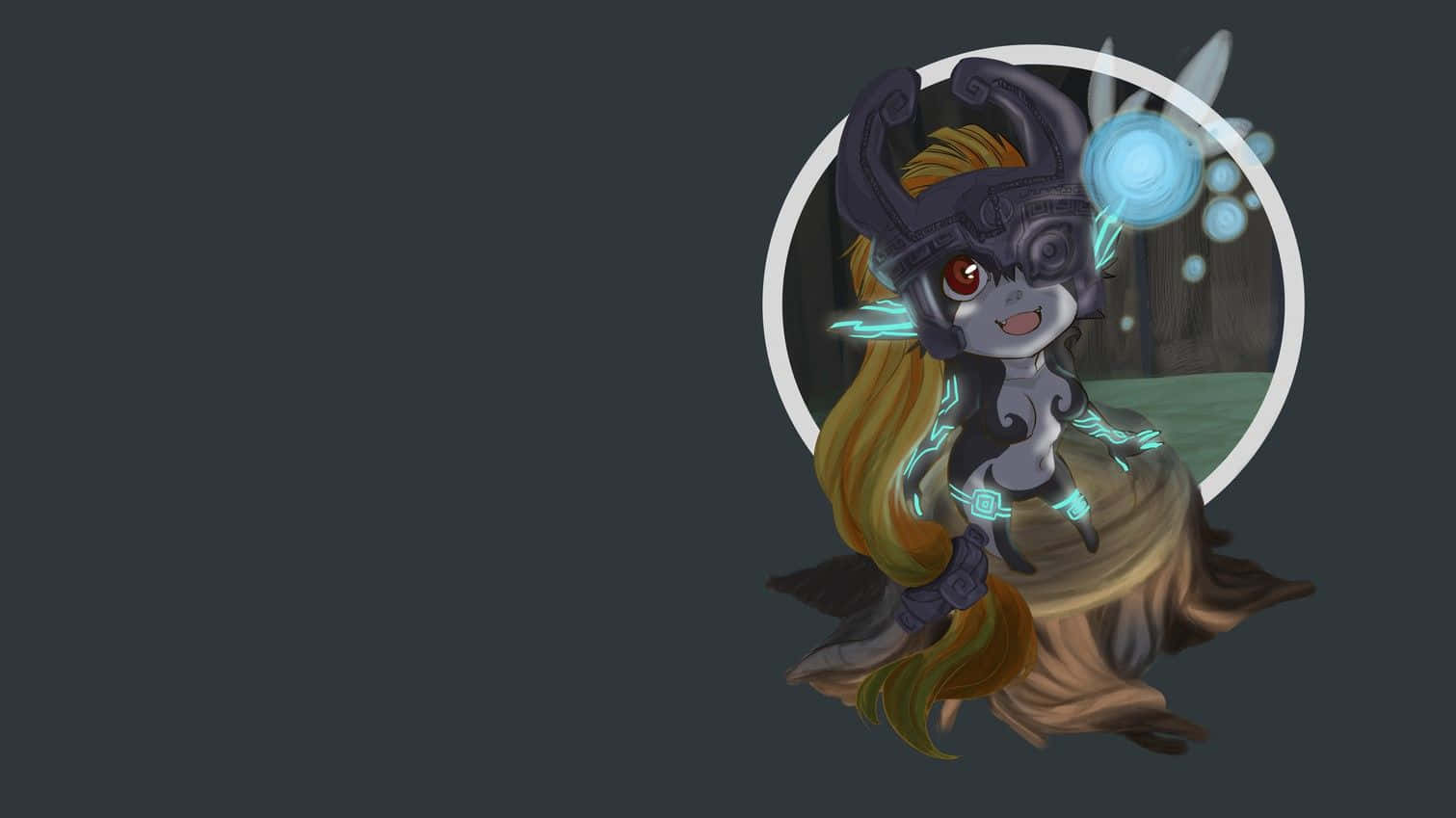 The Legend Of Zelda Midna 桌布 壁紙 — 一個帶有發光藍色能量和角盔的Q版奇幻角色坐在樹樁上，背景為深色。