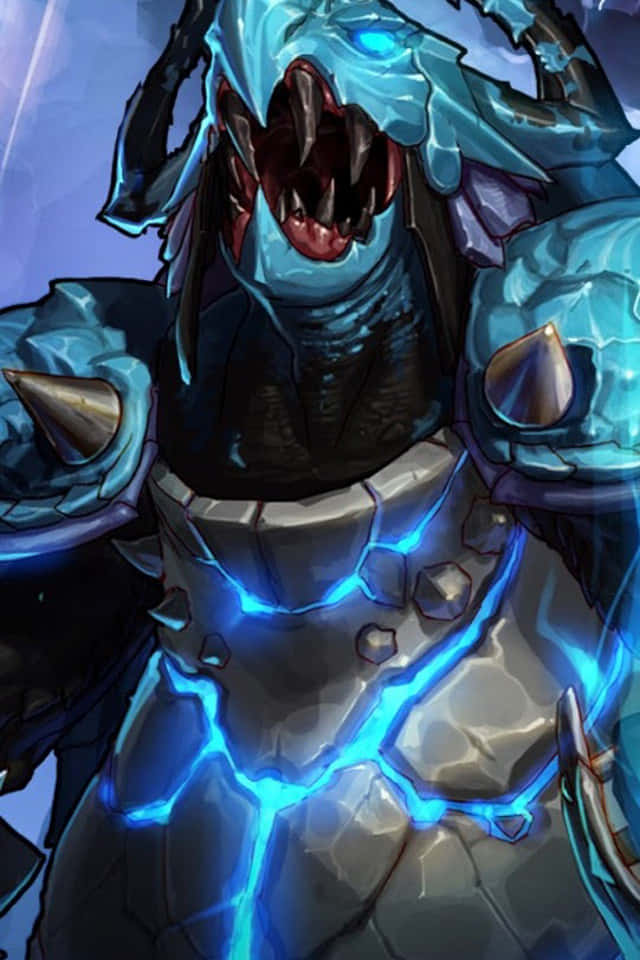 Android League Of Legends 桌布 壁紙 — 一個帶有發光藍色能量在岩石裝甲上噼啪作響、露出尖牙咆哮的威脅性裝甲生物。