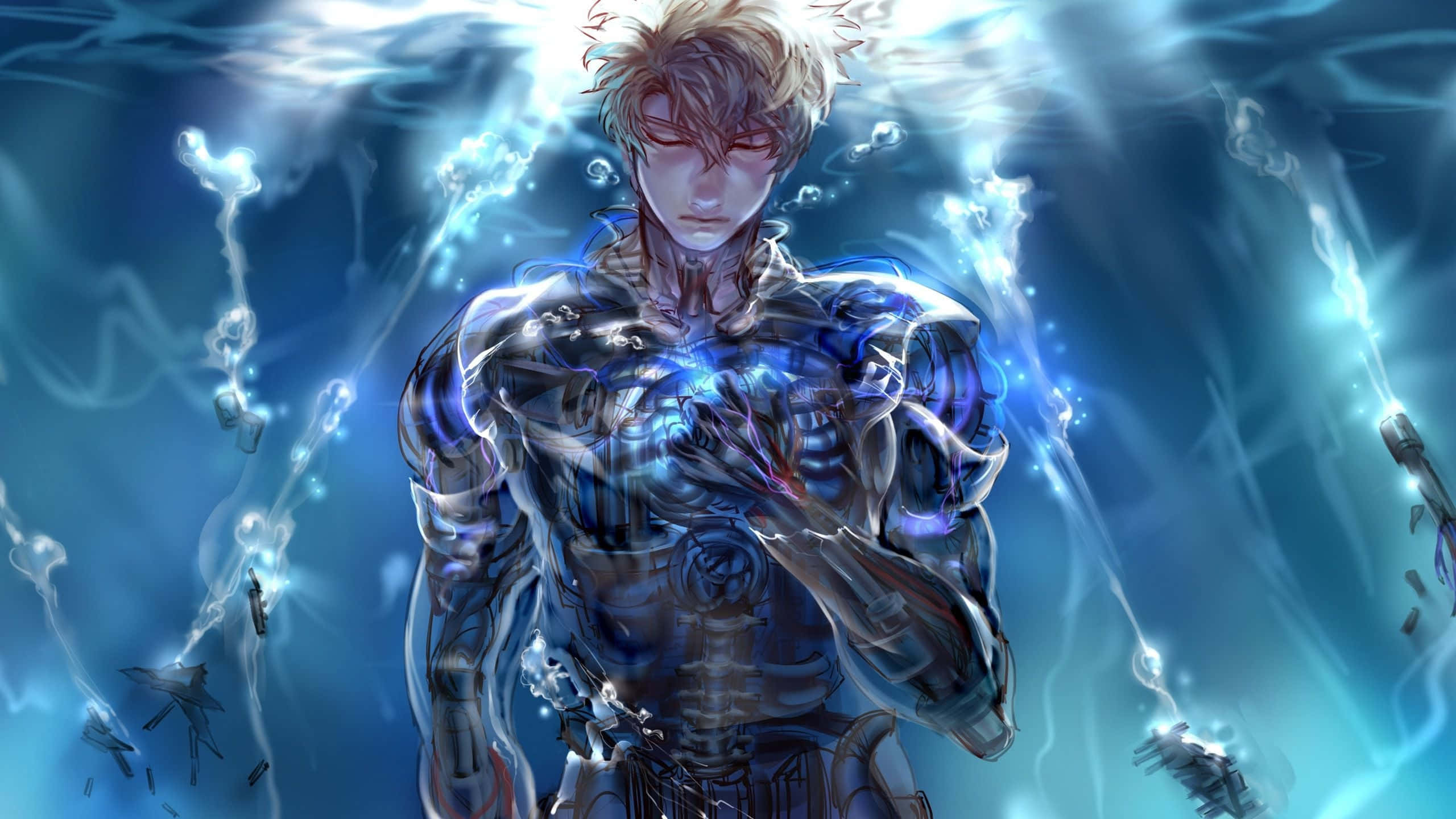Genos 桌布 壁紙 — 一個帶有發光藍色能量脈衝的賽博格動畫戰士，站在未來水下場景中漂浮的碎片之間。