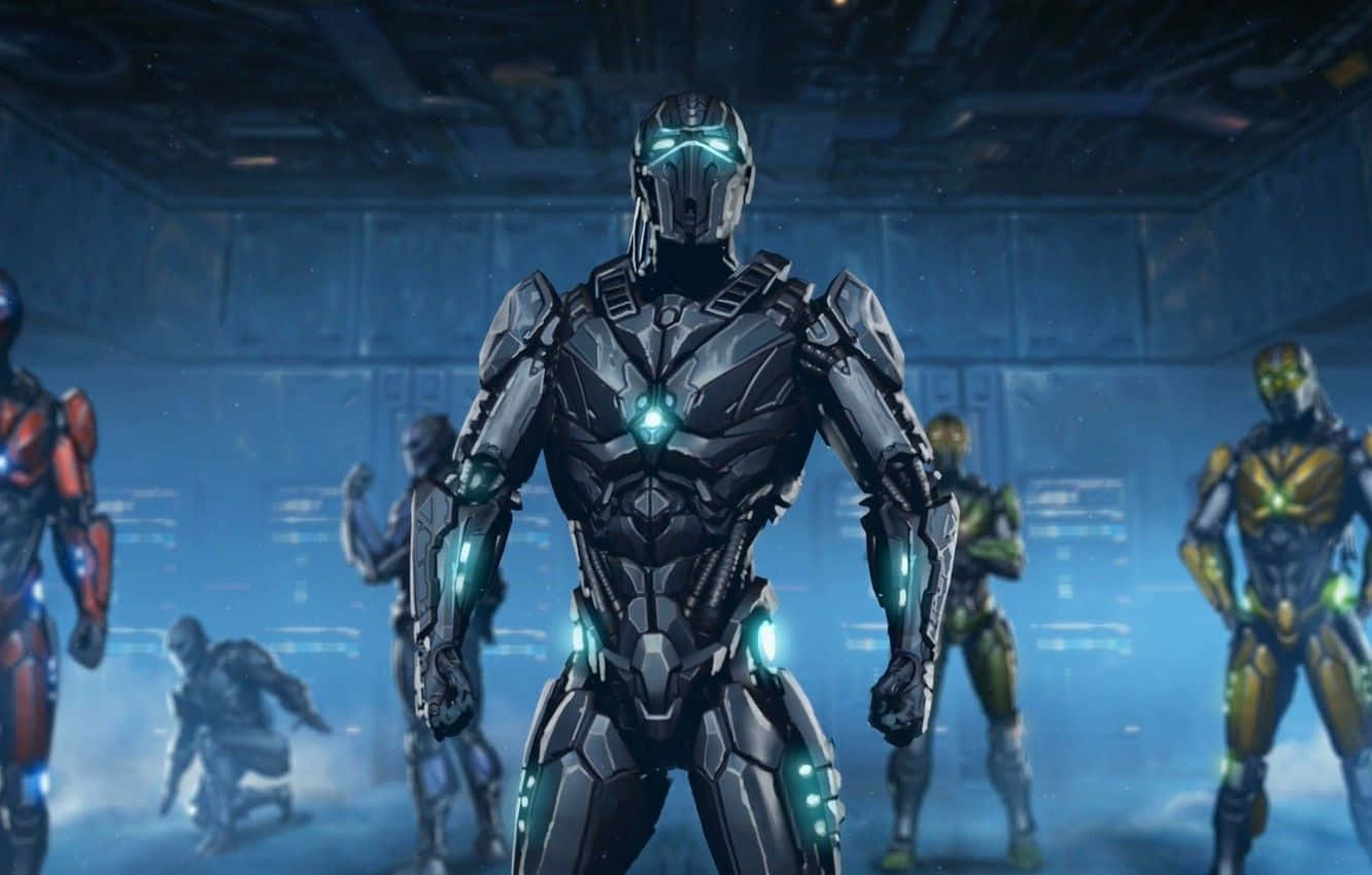 Mortal Kombat Cyrax 桌布 壁紙 — 一個帶有發光藍色裝飾的未來風格裝甲戰士，站在燈光昏暗的科幻機庫中央，周圍還有其他裝甲人物。