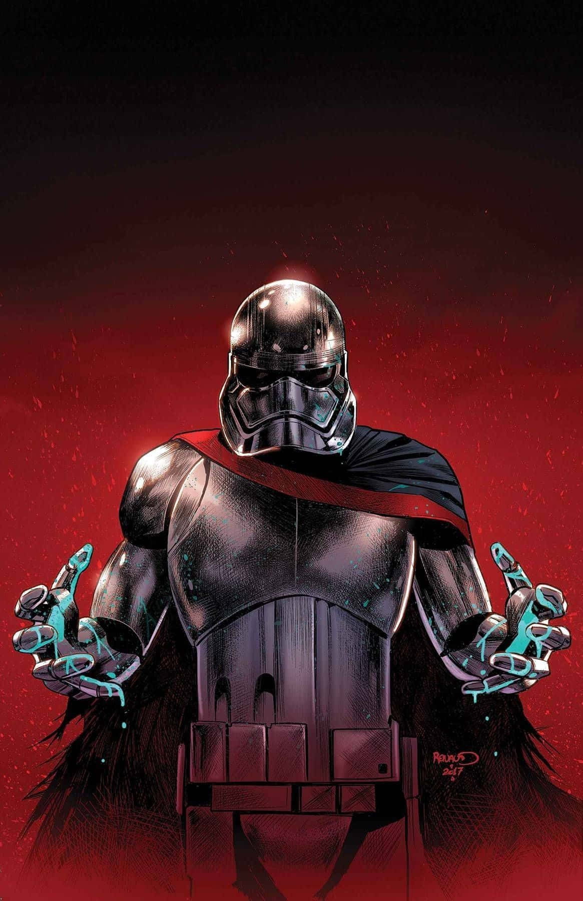Captain Phasma 桌布 壁紙 — 一個帶有發光藍色雙手的威嚇裝甲人物，站在火紅背景前，散發著黑暗的權威。