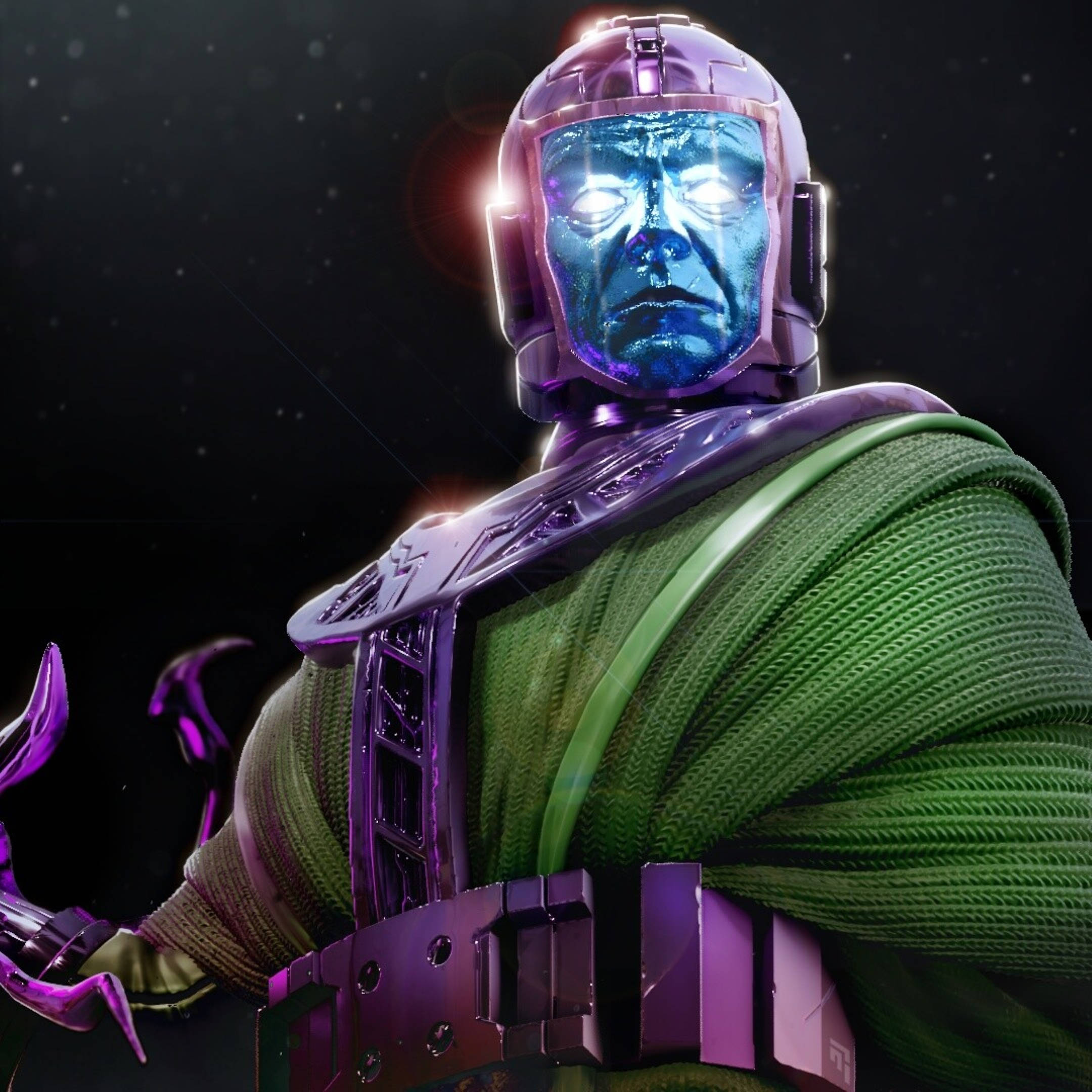 Conqueror 桌布 壁紙 — 一個帶有發光藍色面孔和紫色盔甲的威脅性宇宙反派，站在繁星虛空中，散發著力量和威脅。