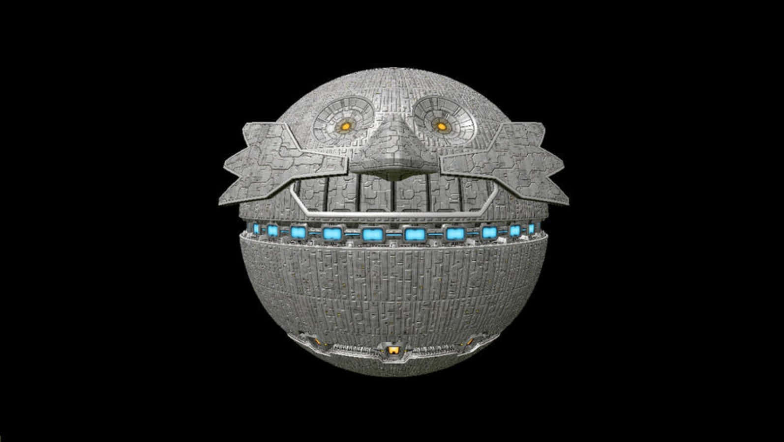 Death Egg 桌布 壁紙 — 一個帶有發光藍色面板和黃色眼睛的威脅性球形太空船，背景是黑色虛空。