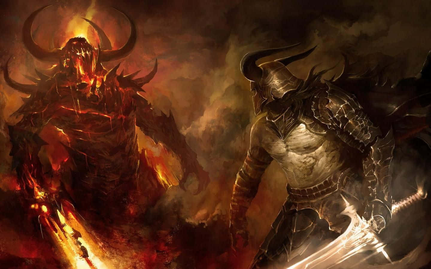 Demon Fighting 桌布 壁紙 — 一個帶有發光角的火熱惡魔實體在煙霧瀰漫的地獄戰場上與一個手持發光劍的黑暗裝甲戰士對峙。
