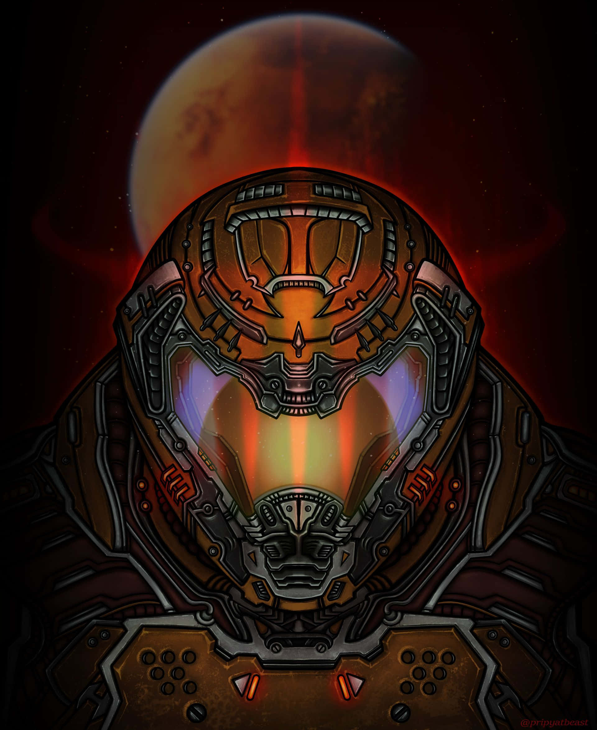 Doom Slayer 桌布 壁紙 — 一個帶有發光護目鏡的威脅性裝甲太空戰士，站在深空中一顆血紅色的行星前。