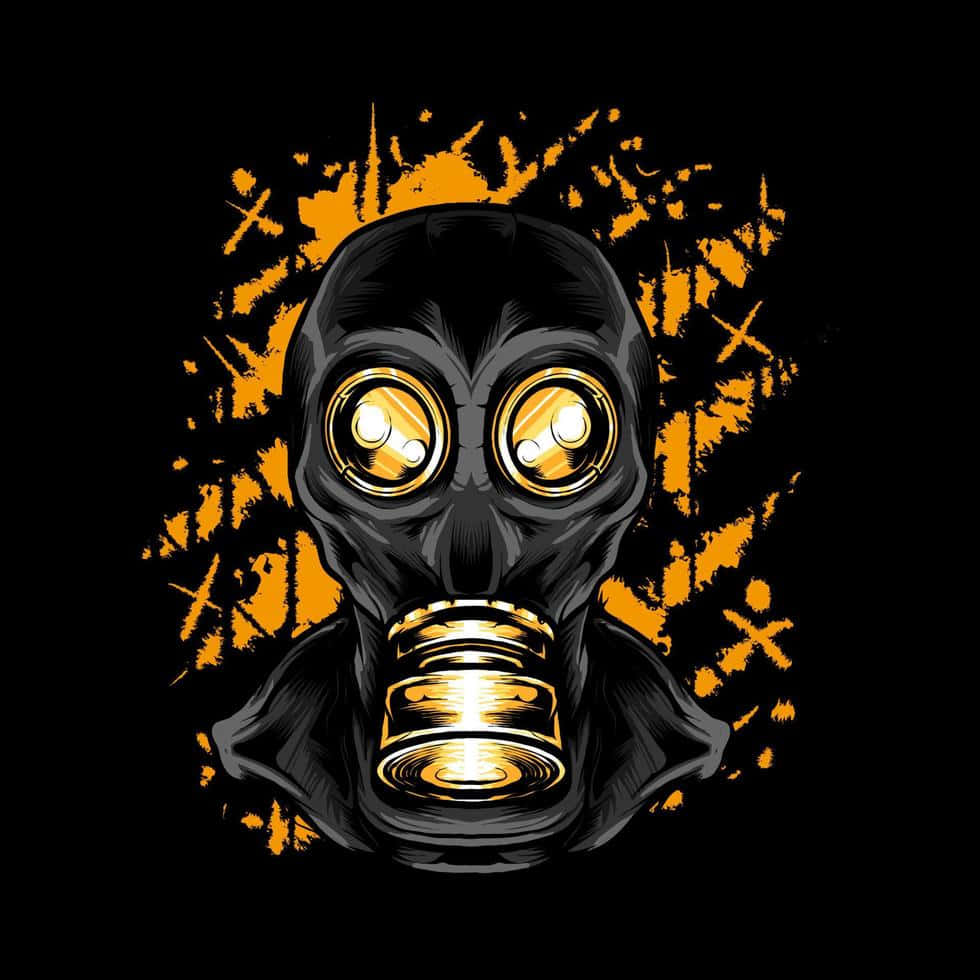 Mask 桌布 壁紙 — 一個帶有發光金色眼睛和過濾器的威脅性黑色防毒面具，背景是濺灑的橙色。