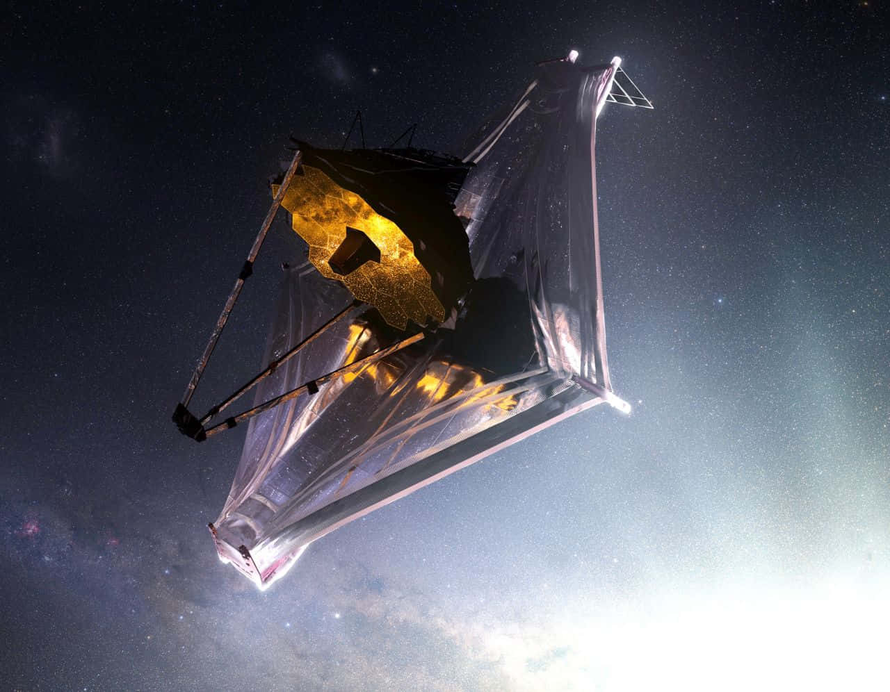 Telescope 桌布 壁紙 — 一個帶有發光金色面板的未來衛星，漂浮在佈滿星星和星雲的宇宙背景中。