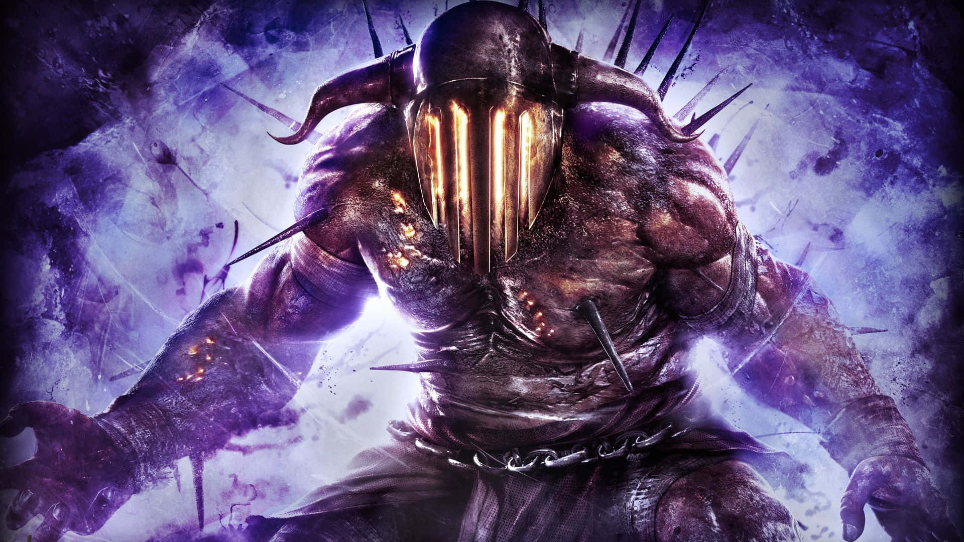 God Of War 3 桌布 壁紙 — 一個帶有發光金色面罩和尖刺頭盔的威脅性裝甲戰士從旋轉的紫色迷霧中出現。