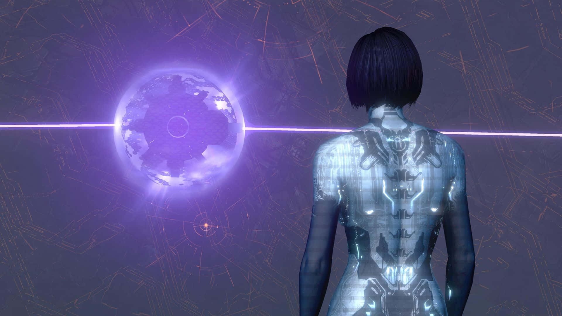 Halo Cortana 桌布 壁紙 — 一個帶有發光電路的網絡人形站在數位宇宙中，面對著一顆光芒四射的紫色星球。