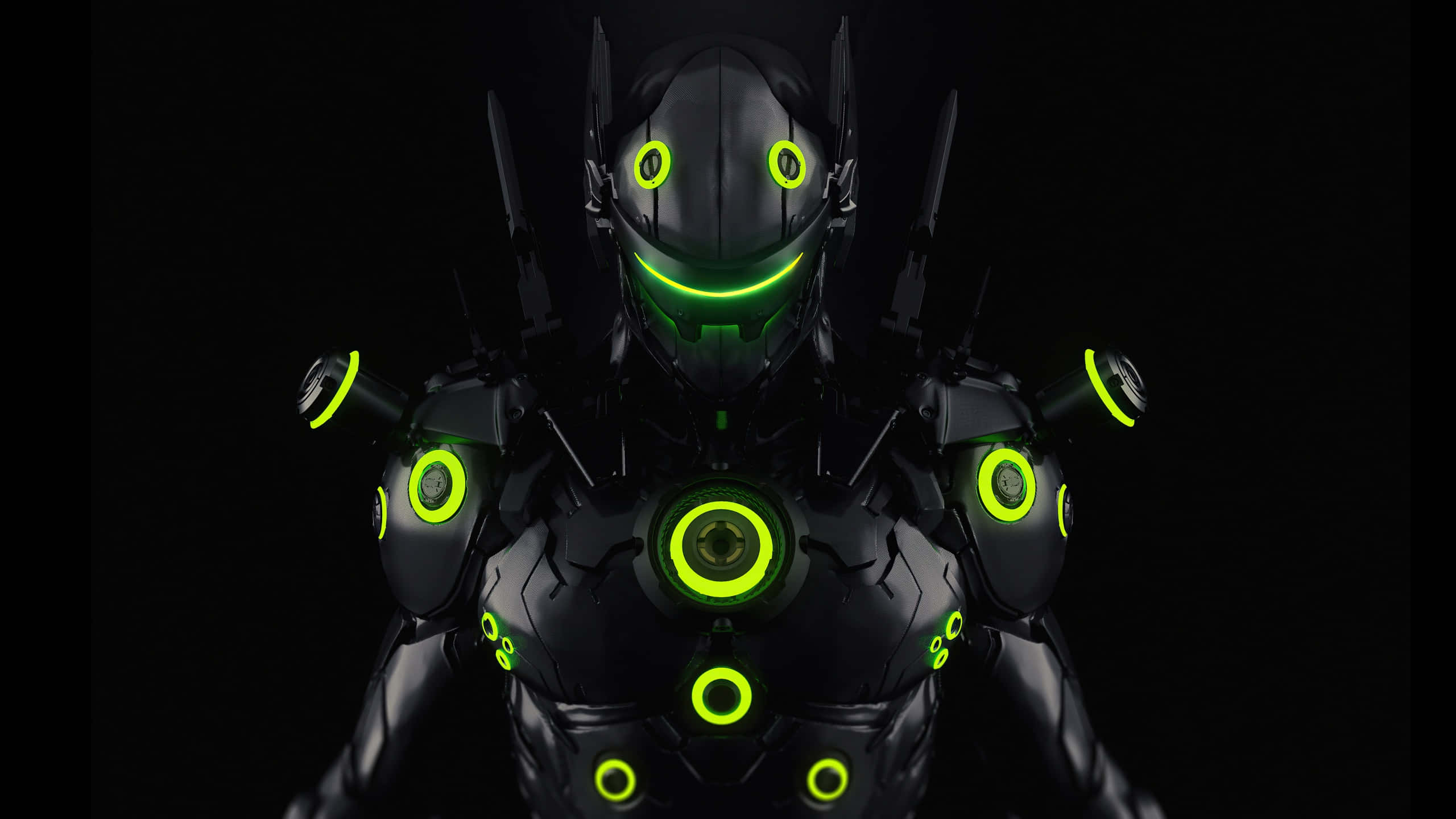 Overwatch Genji 桌布 壁紙 — 一個帶有發光霓虹綠色圓形燈光的黑色裝甲機器人，在黑暗背景下顯得威嚇。