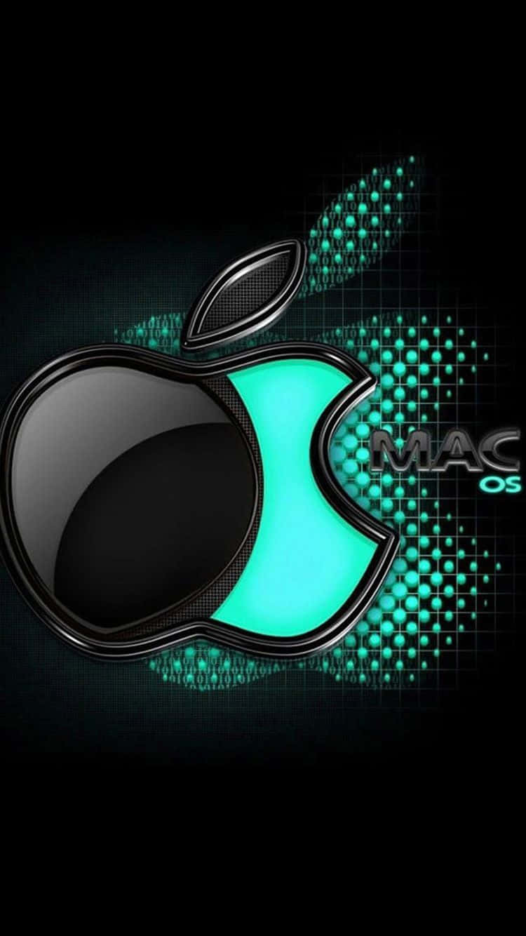 桌布 壁紙 — 一個帶有發光青綠色咬痕的光澤黑色Apple標誌，置於帶有青綠色像素圖案和「MAC OS」文字的深色背景上。