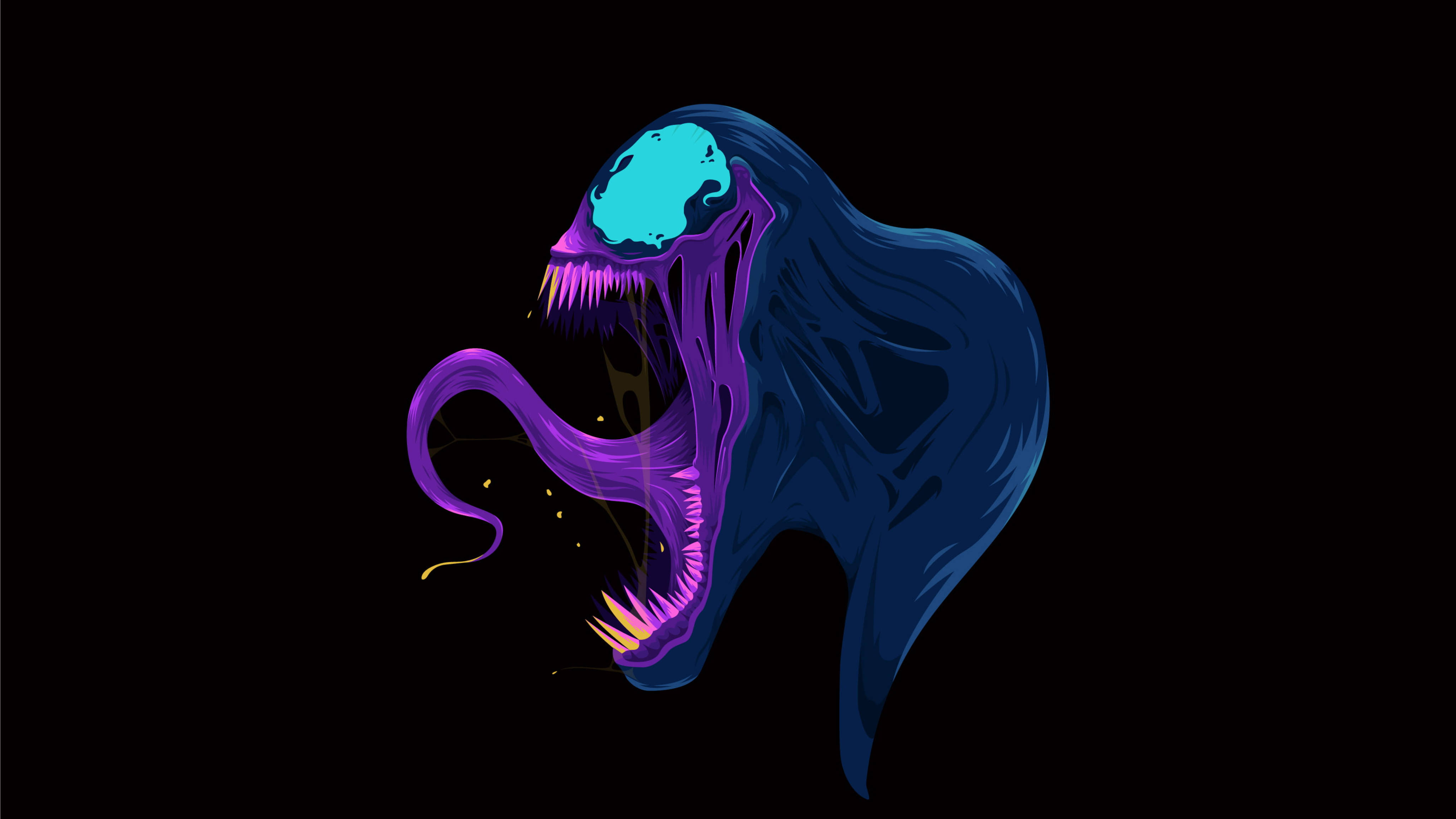 vector 桌布 壁紙 — 一個帶有發光青色眼睛和尖銳牙齒的威脅性藍紫色共生體生物，在黑色背景上咆哮。