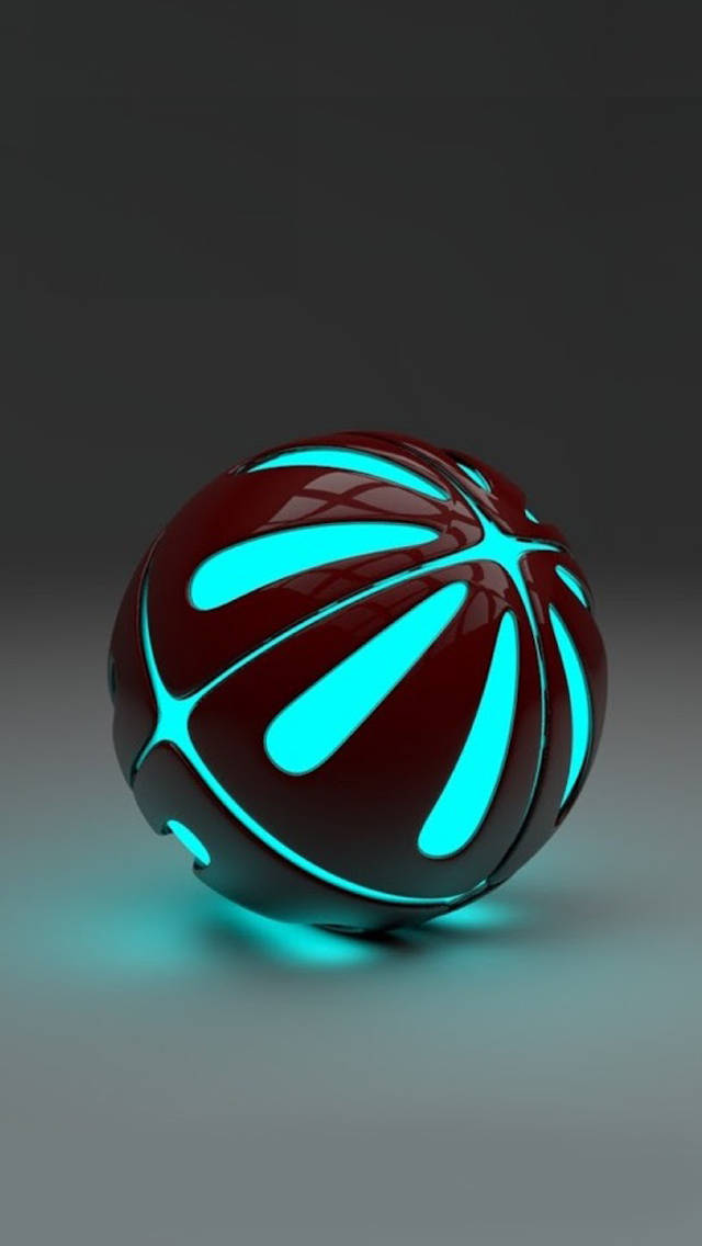 3D iPhone 壁紙 桌布 壁紙 — 一個帶有發光青色霓虹條紋的光澤深紅色球體放置在灰色表面上，散發出柔和的藍色光芒。