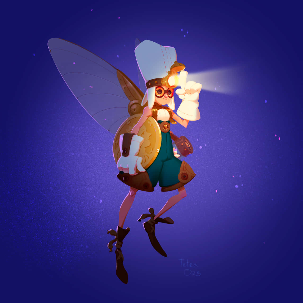 Tooth Fairy 桌布 壁紙 — 一個帶有發光頭燈和蝴蝶翅膀的蒸氣龐克仙子，在繁星點點的紫色夜空中飄浮。