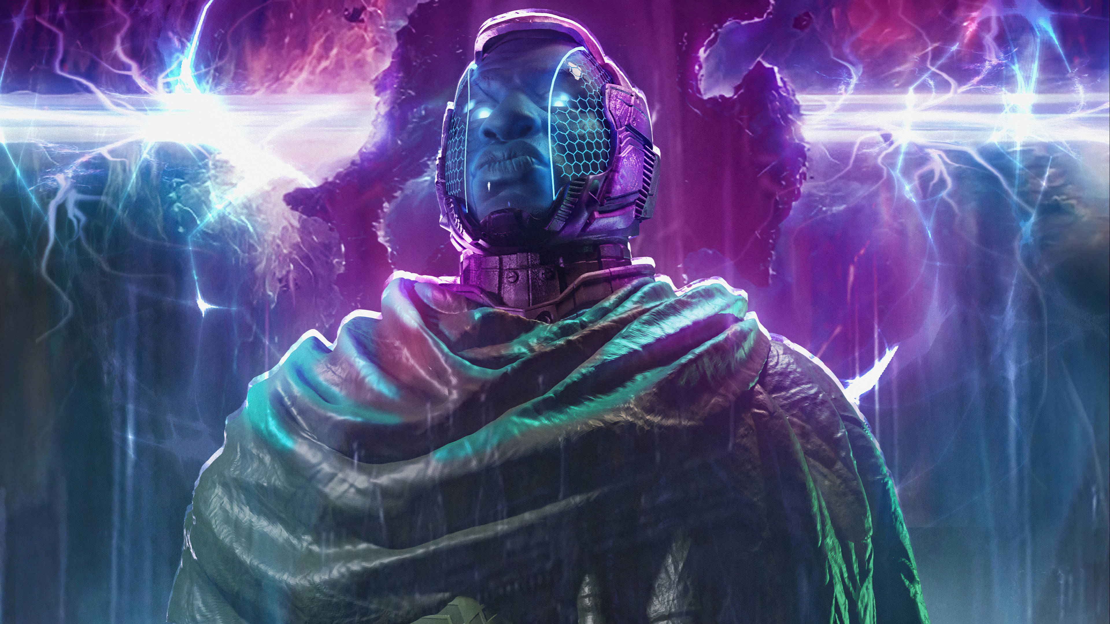 Conqueror 桌布 壁紙 — 一個帶有發光頭盔和飄逸斗篷的威脅性宇宙實體，站在黑暗、風暴般的虛空中，周圍是劈啪作響的紫色和藍色能量。