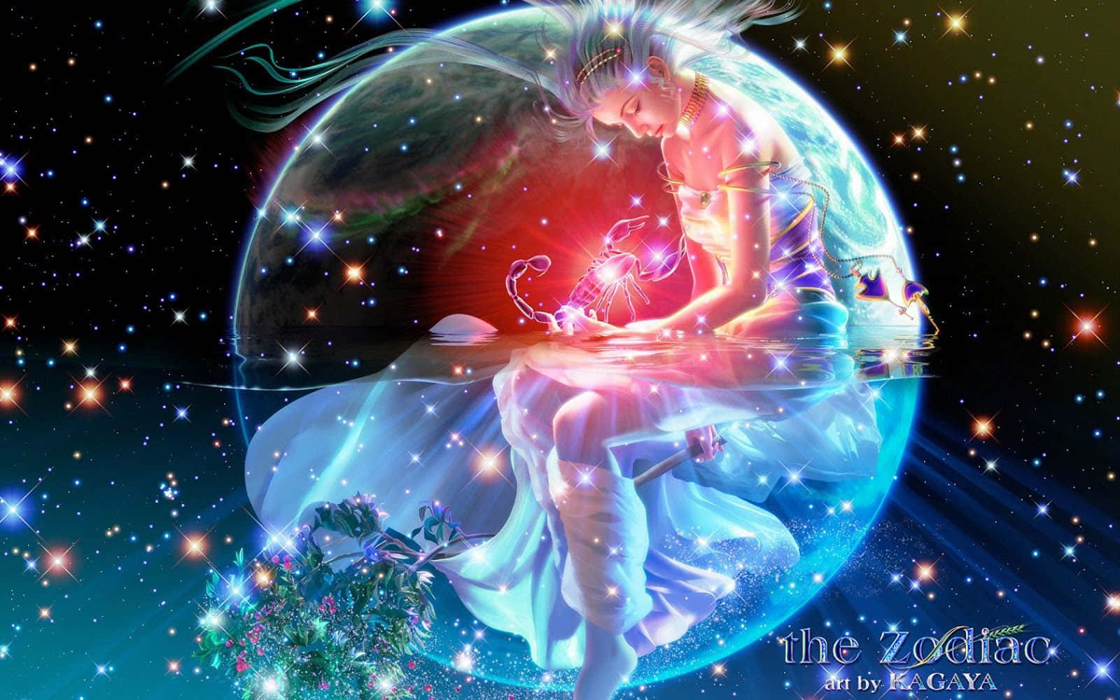 Cancer Zodiac Sign 桌布 壁紙 — 一個帶有發光頭髮的天體人物坐在一個佈滿星星的星球上，在宇宙水域中投射出閃爍的倒影。