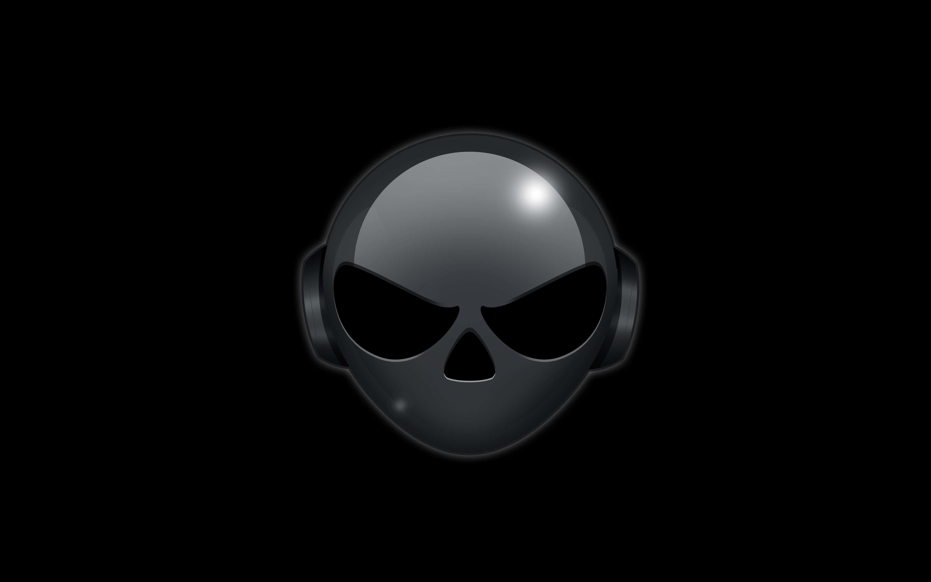 Awesome Skull 桌布 壁紙 — 一個帶有發光高光的亮黑色外星人頭骨圖示，居中在純黑色背景上。