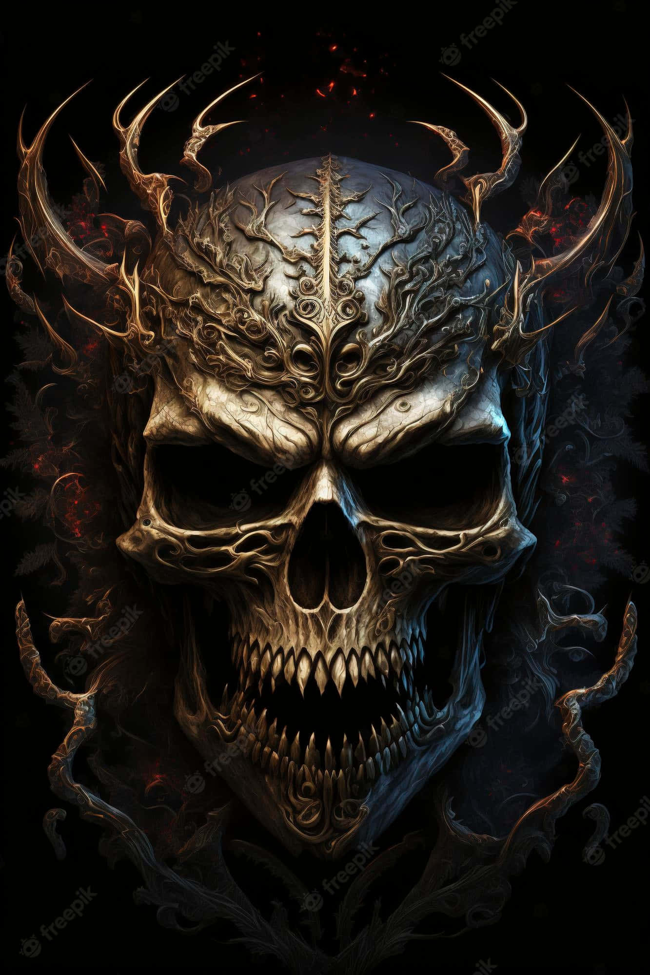 Evil Skull 桌布 壁紙 — 一個帶有發光鹿角和複雜雕刻的威脅性華麗頭骨，背景是黑暗熾熱的。