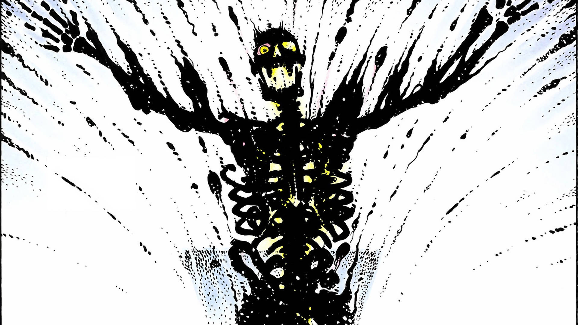 Watchmen 桌布 壁紙 — 一個帶有發光黃色眼睛和伸展雙臂的可怕骷髏形象，從帶有黑色墨水飛濺的白色背景中衝出。